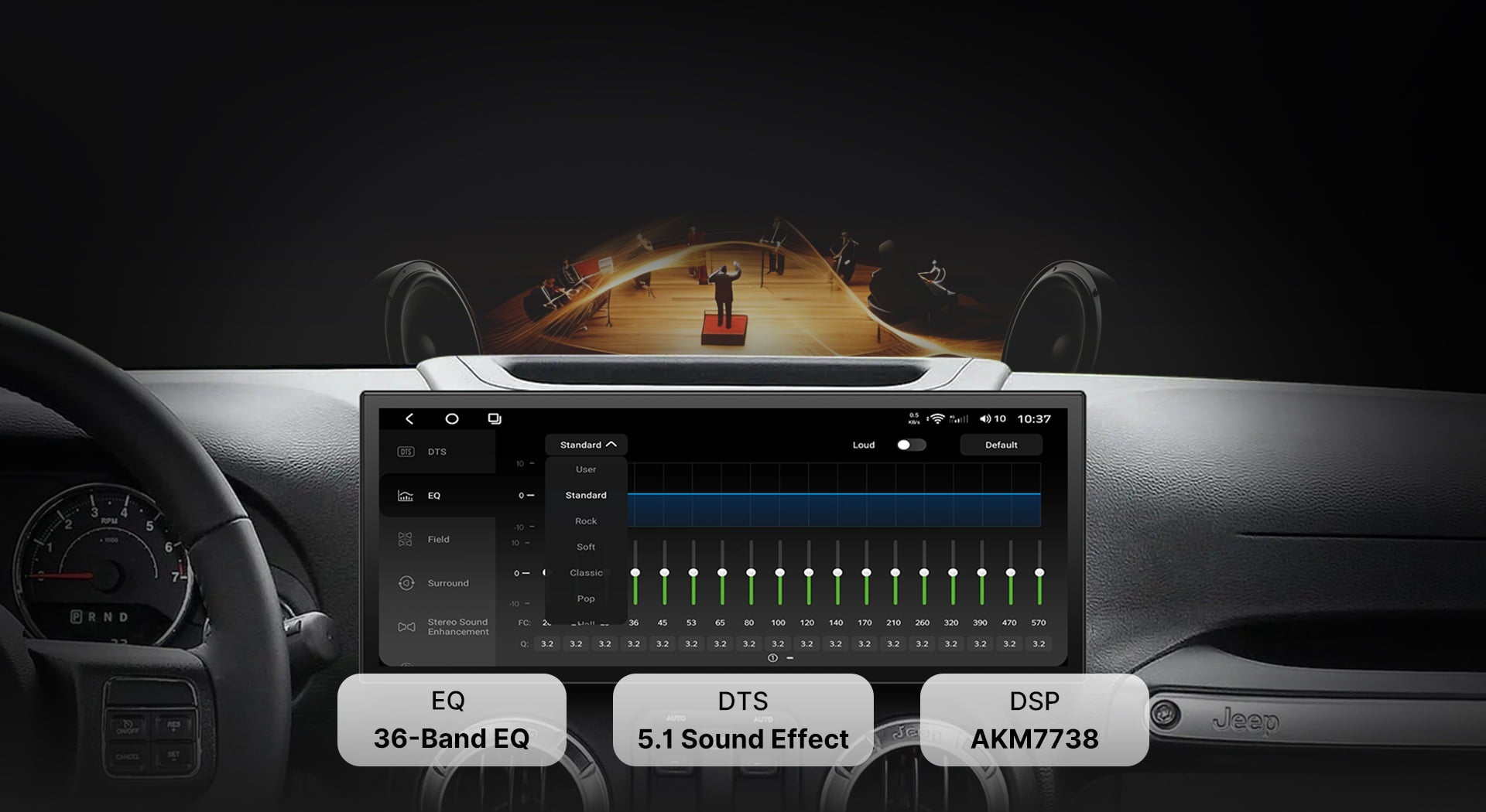 Close-up of the DTS Sound Processor tuning interface on a Youducar car audio system. Shows a 36-band professional equalizer (EQ) with adjustable sliders, powered by the TDA7851 digital amplifier chip and AKM7738 DSP for concert-hall quality audio, featuring DTS 5.1 surround sound technology.