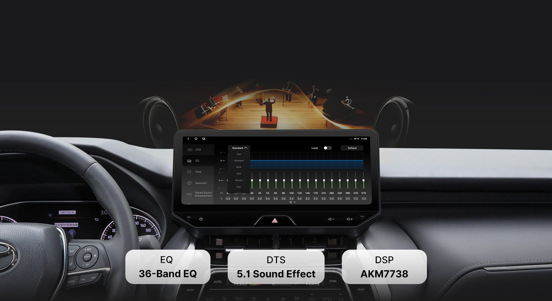 Close-up of the DTS Sound Processor tuning interface on a Youducar car audio system. Shows a 36-band professional equalizer (EQ) with adjustable sliders, powered by the TDA7851 digital amplifier chip and AKM7738 DSP for concert-hall quality audio, featuring DTS 5.1 surround sound technology.