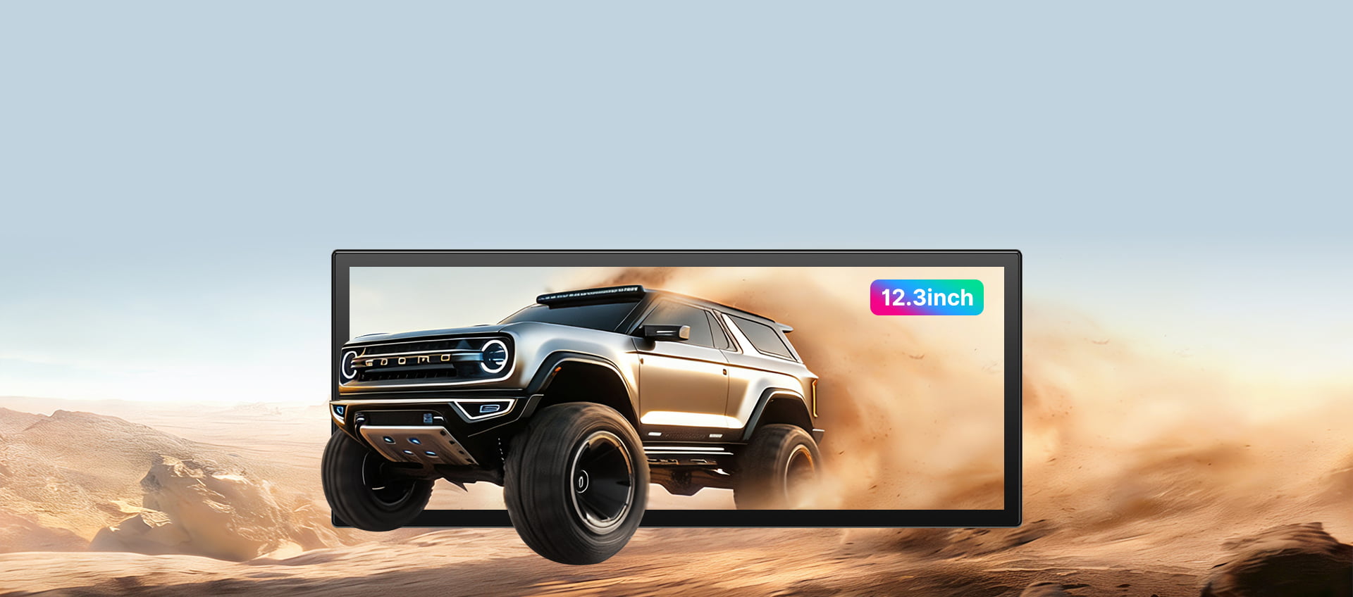 Promotional image for the 15-inch 2K High-Definition touchscreen in the Youducar head unit for Jeep Wrangler. The screen displays a dynamic scene of a Ford Bronco kicking up dust on sand dunes, demonstrating the display's vivid color and clarity. The visual emphasizes the screen's optical bonding technology for exceptional readability in bright, off-road environments.
