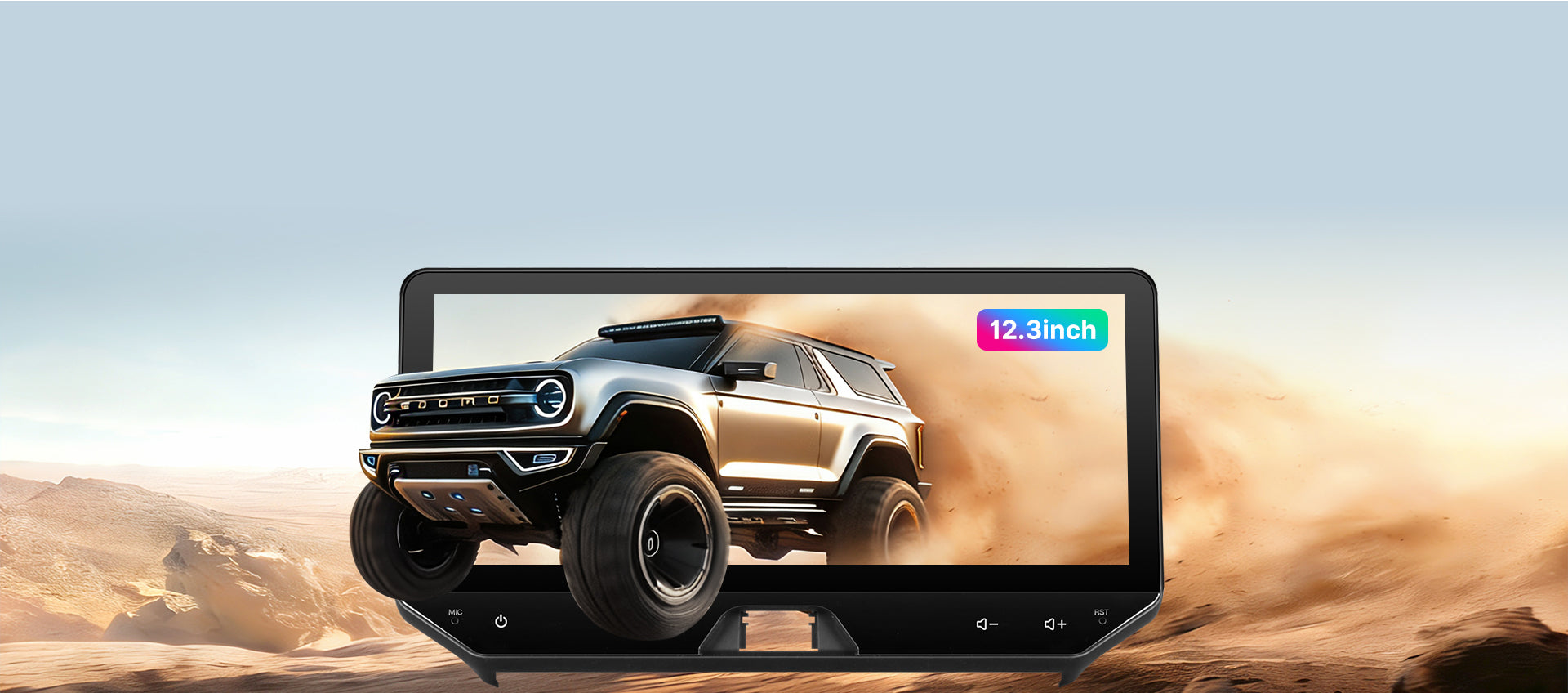 Promotional image for the 15-inch 2K High-Definition touchscreen in the Youducar head unit for Jeep Wrangler. The screen displays a dynamic scene of a Ford Bronco kicking up dust on sand dunes, demonstrating the display's vivid color and clarity. The visual emphasizes the screen's optical bonding technology for exceptional readability in bright, off-road environments.