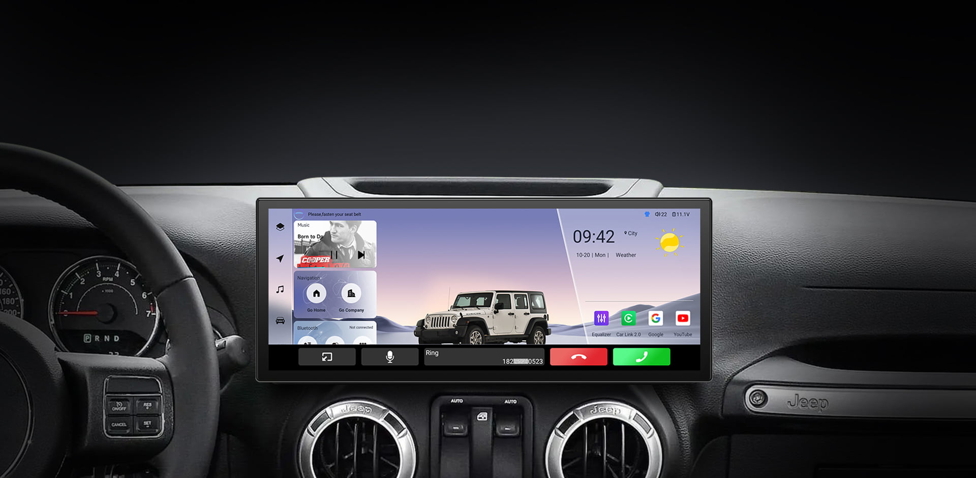 The main interface of a car head unit during use, showing time (09:42), weather, and media information for driver convenience.