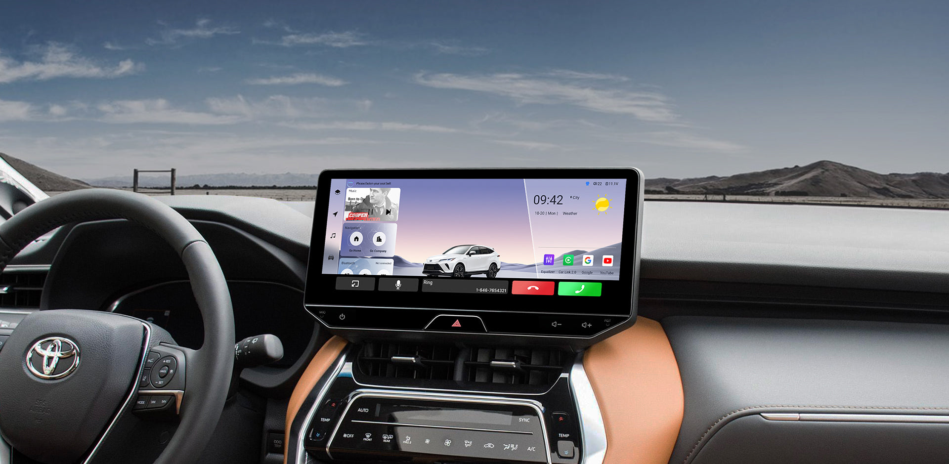 The main interface of a car head unit during use, showing time (09:42), weather, and media information for driver convenience.