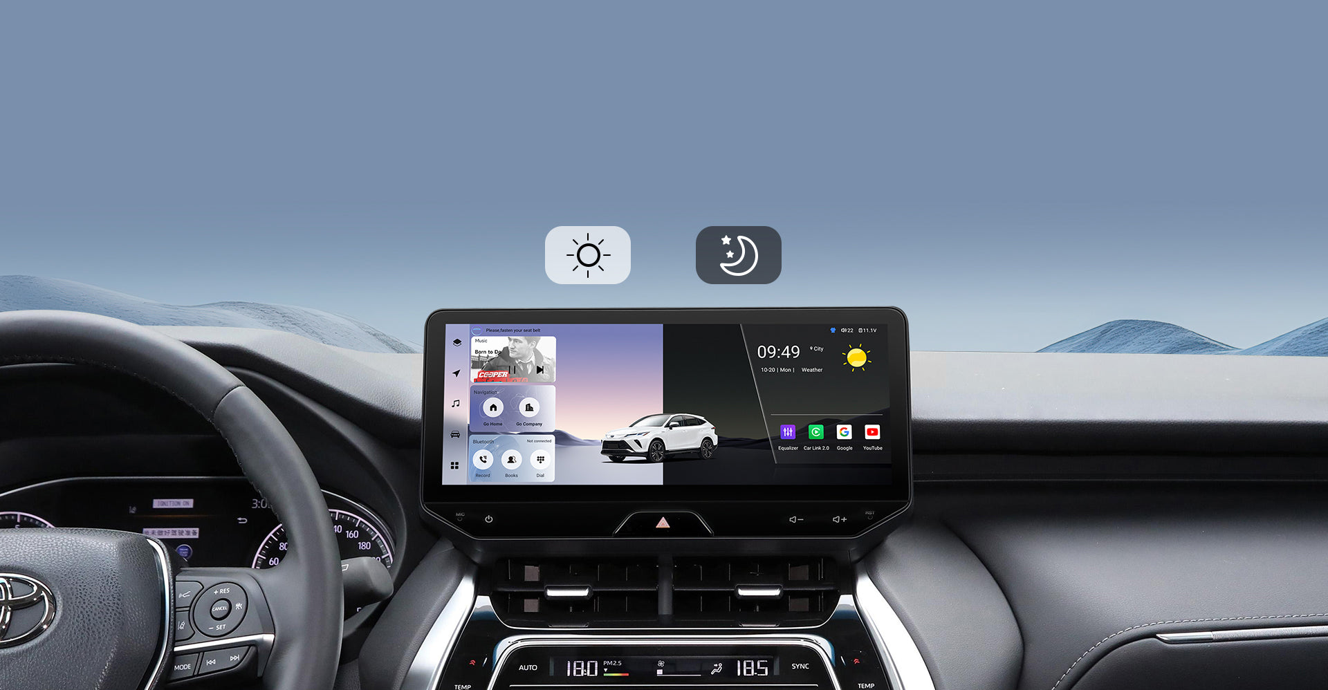 Infographic for the Real-Time GPS Navigation feature, showcasing compatibility with popular international navigation apps like Waze, Google Maps, and iGO on a Toyota Sienna head unit. Highlights multi-GNSS satellite support for precise, hands-free navigation.