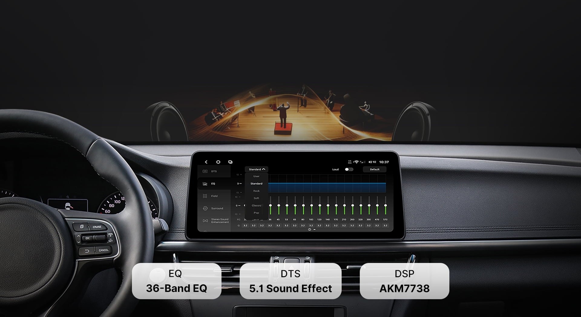 Close-up of the DTS Sound Processor tuning interface on a Youducar car audio system. Shows a 36-band professional equalizer (EQ) with adjustable sliders, powered by the TDA7851 digital amplifier chip and AKM7738 DSP for concert-hall quality audio, featuring DTS 5.1 surround sound technology.