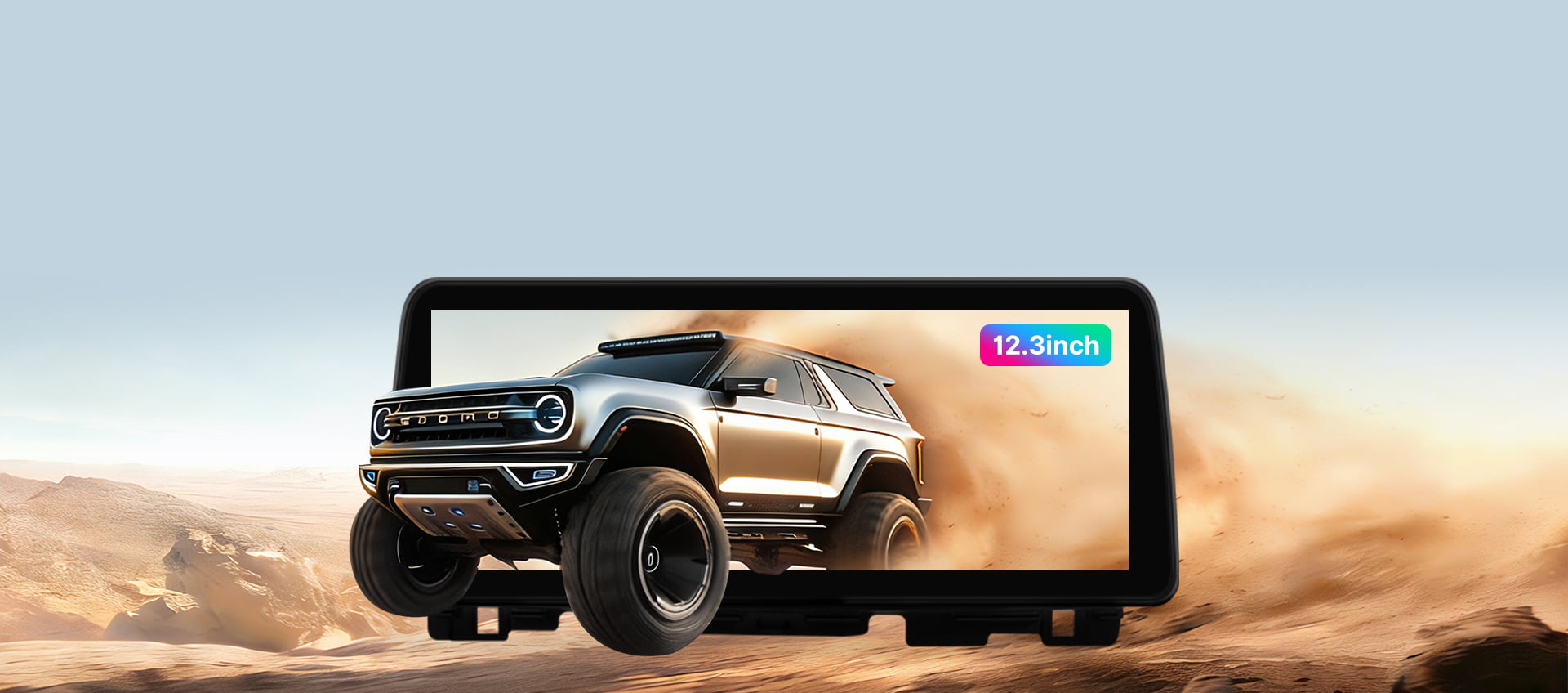 Promotional image for the 15-inch 2K High-Definition touchscreen in the Youducar head unit for Jeep Wrangler. The screen displays a dynamic scene of a Ford Bronco kicking up dust on sand dunes, demonstrating the display's vivid color and clarity. The visual emphasizes the screen's optical bonding technology for exceptional readability in bright, off-road environments.
