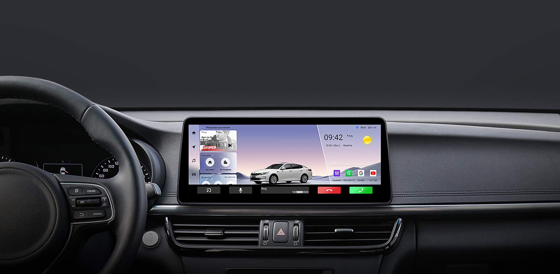 The main interface of a car head unit during use, showing time (09:42), weather, and media information for driver convenience.