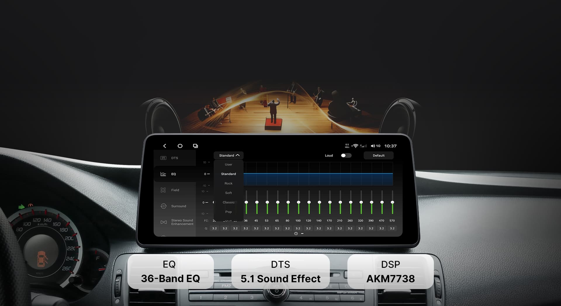 Close-up of the DTS Sound Processor tuning interface on a Youducar car audio system. Shows a 36-band professional equalizer (EQ) with adjustable sliders, powered by the TDA7851 digital amplifier chip and AKM7738 DSP for concert-hall quality audio, featuring DTS 5.1 surround sound technology.