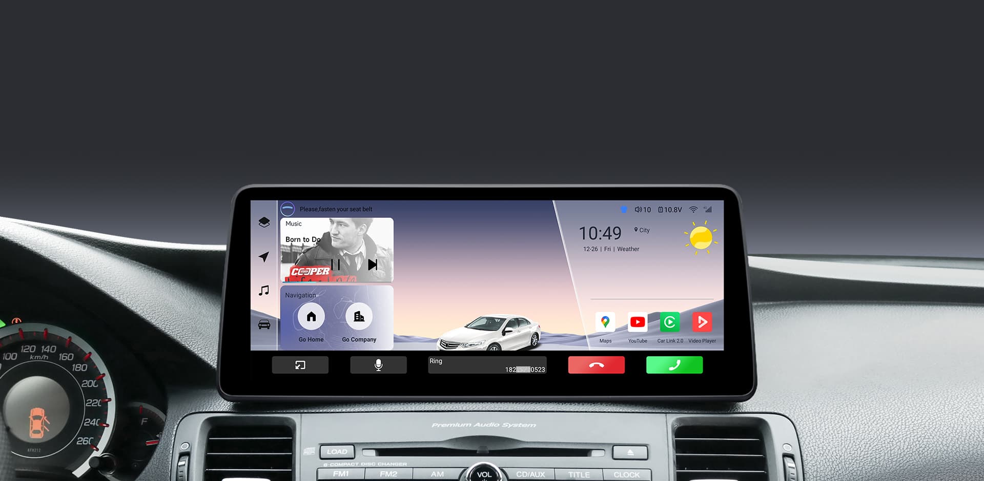 The main interface of a car head unit during use, showing time (09:42), weather, and media information for driver convenience.