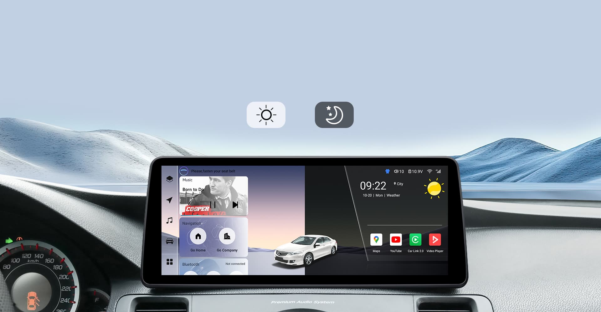 Infographic for the Real-Time GPS Navigation feature, showcasing compatibility with popular international navigation apps like Waze, Google Maps, and iGO on a Toyota Sienna head unit. Highlights multi-GNSS satellite support for precise, hands-free navigation.