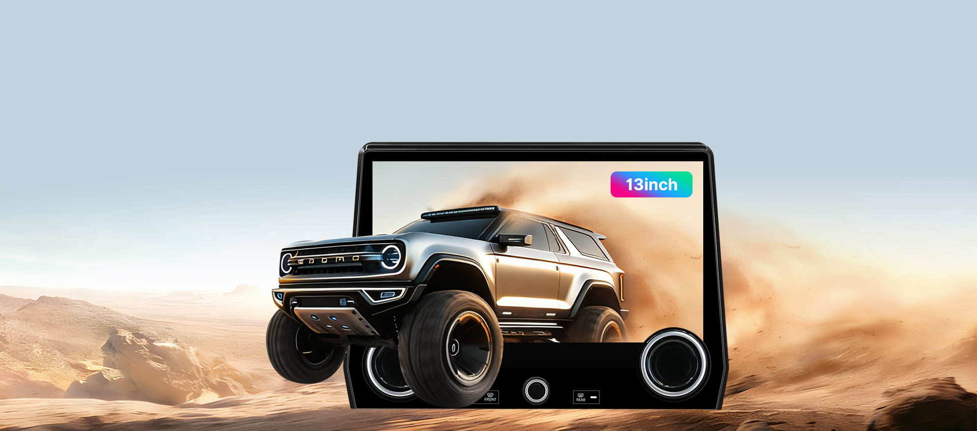Promotional image for the 15-inch 2K High-Definition touchscreen in the Youducar head unit for Jeep Wrangler. The screen displays a dynamic scene of a Ford Bronco kicking up dust on sand dunes, demonstrating the display's vivid color and clarity. The visual emphasizes the screen's optical bonding technology for exceptional readability in bright, off-road environments.