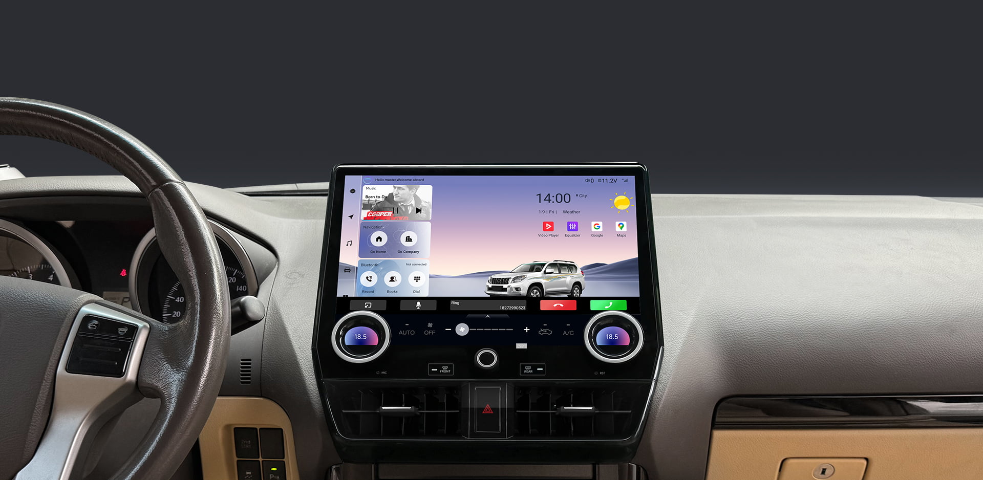 The main interface of a car head unit during use, showing time (09:42), weather, and media information for driver convenience.