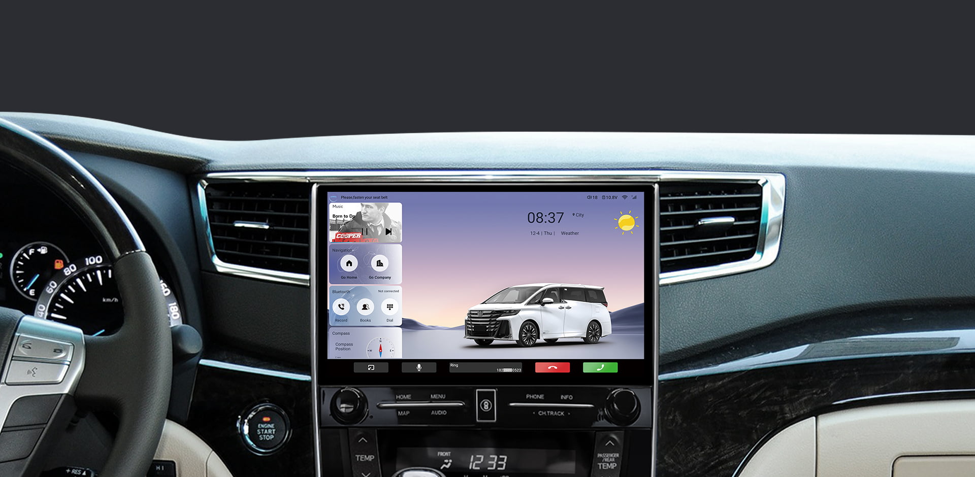 The main interface of a car head unit during use, showing time (09:42), weather, and media information for driver convenience.
