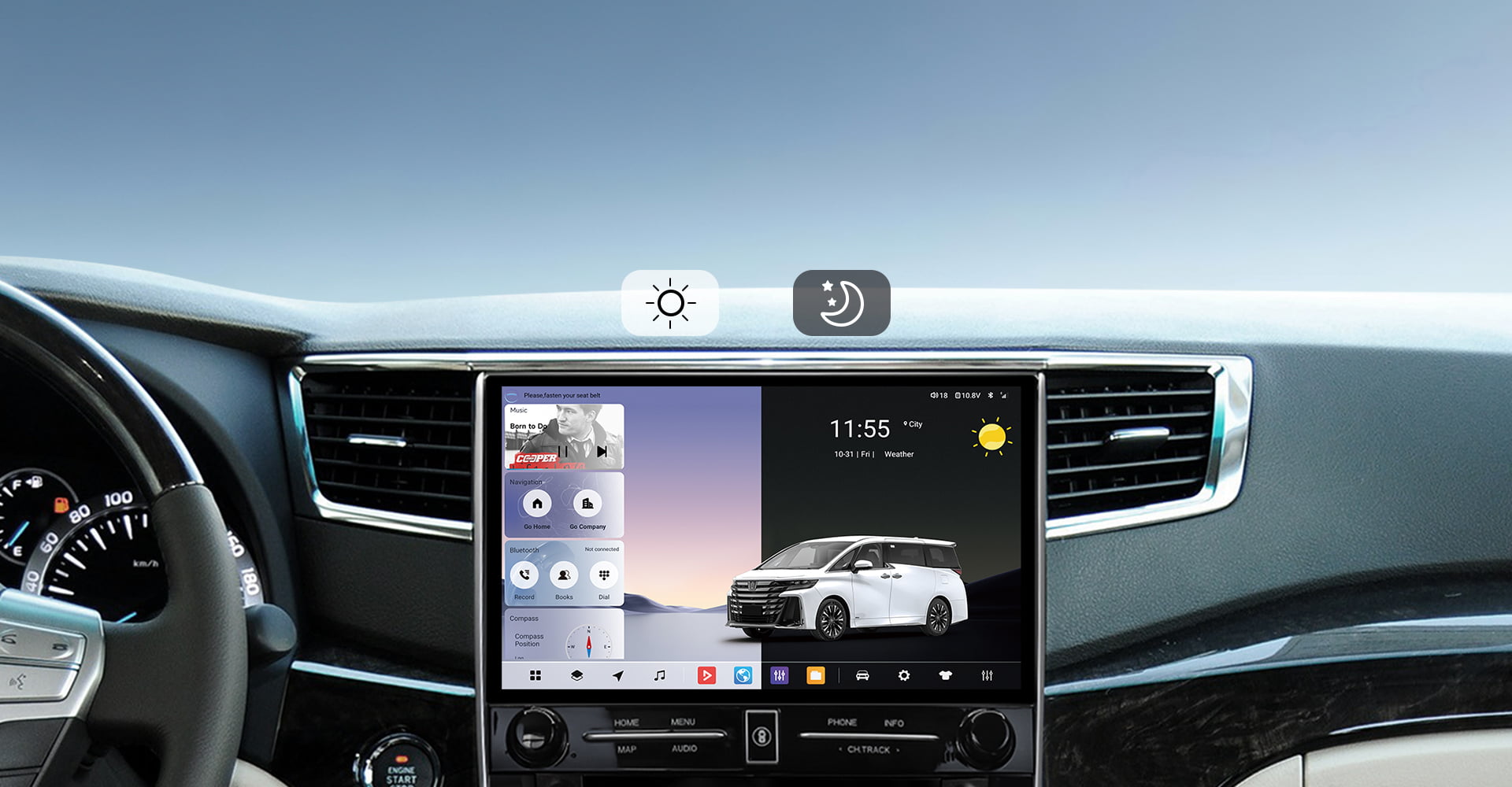 Infographic for the Real-Time GPS Navigation feature, showcasing compatibility with popular international navigation apps like Waze, Google Maps, and iGO on a Toyota Sienna head unit. Highlights multi-GNSS satellite support for precise, hands-free navigation.