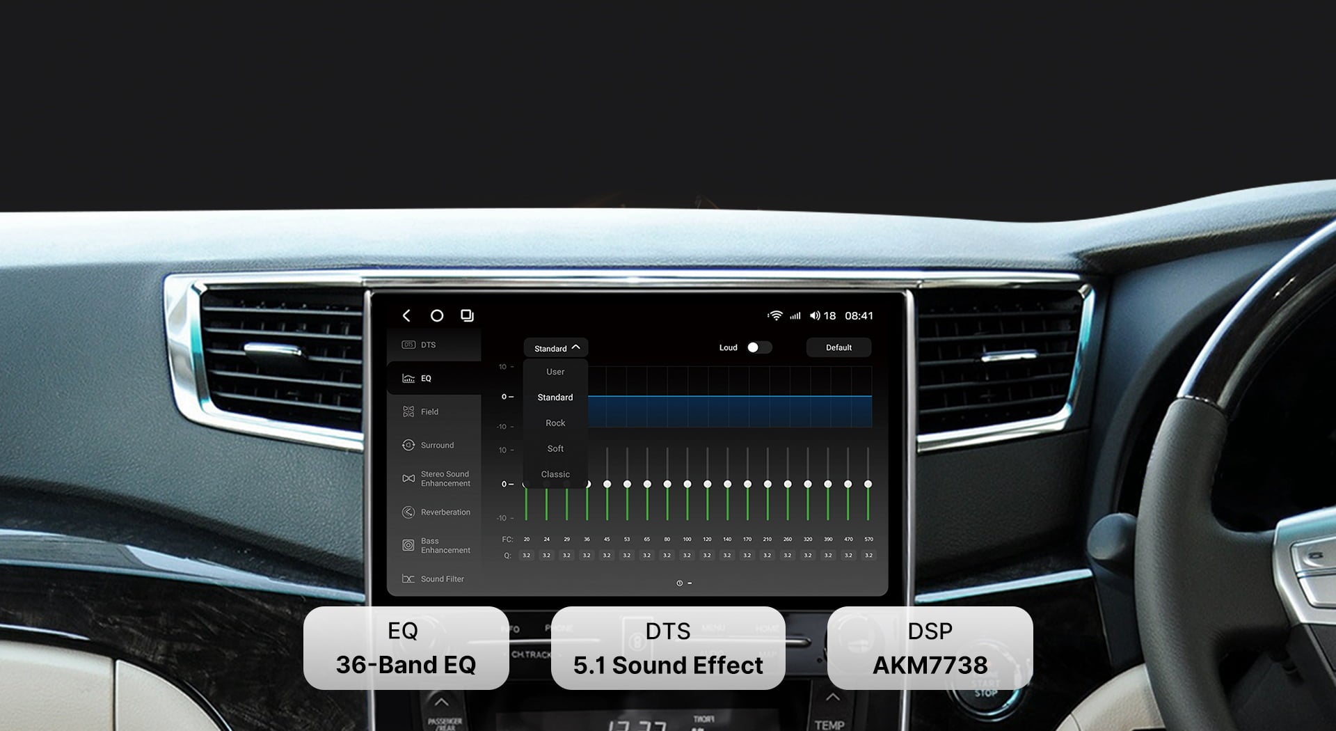 Close-up of the DTS Sound Processor tuning interface on a Youducar car audio system. Shows a 36-band professional equalizer (EQ) with adjustable sliders, powered by the TDA7851 digital amplifier chip and AKM7738 DSP for concert-hall quality audio, featuring DTS 5.1 surround sound technology.