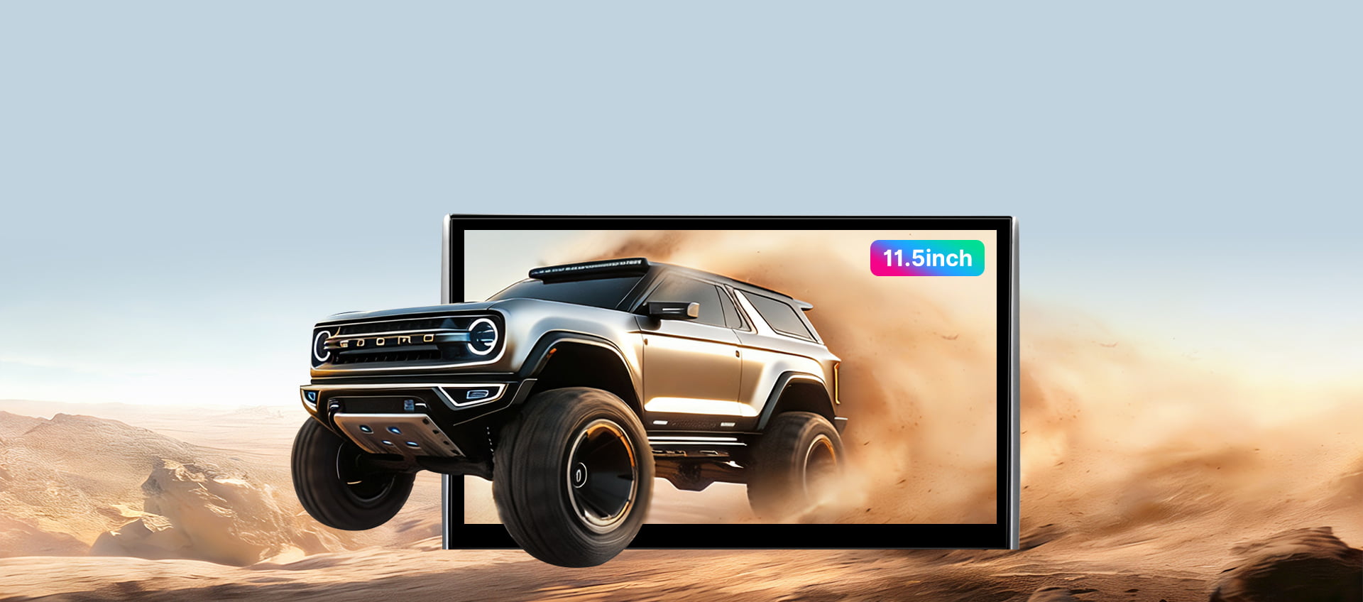 Promotional image for the 15-inch 2K High-Definition touchscreen in the Youducar head unit for Jeep Wrangler. The screen displays a dynamic scene of a Ford Bronco kicking up dust on sand dunes, demonstrating the display's vivid color and clarity. The visual emphasizes the screen's optical bonding technology for exceptional readability in bright, off-road environments.