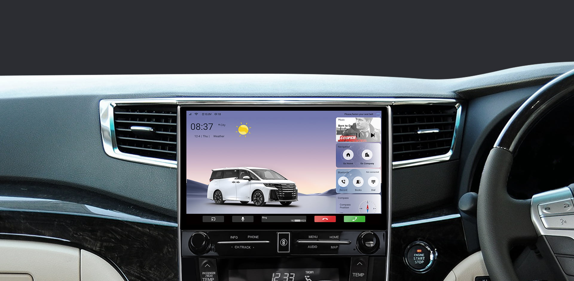 The main interface of a car head unit during use, showing time (09:42), weather, and media information for driver convenience.