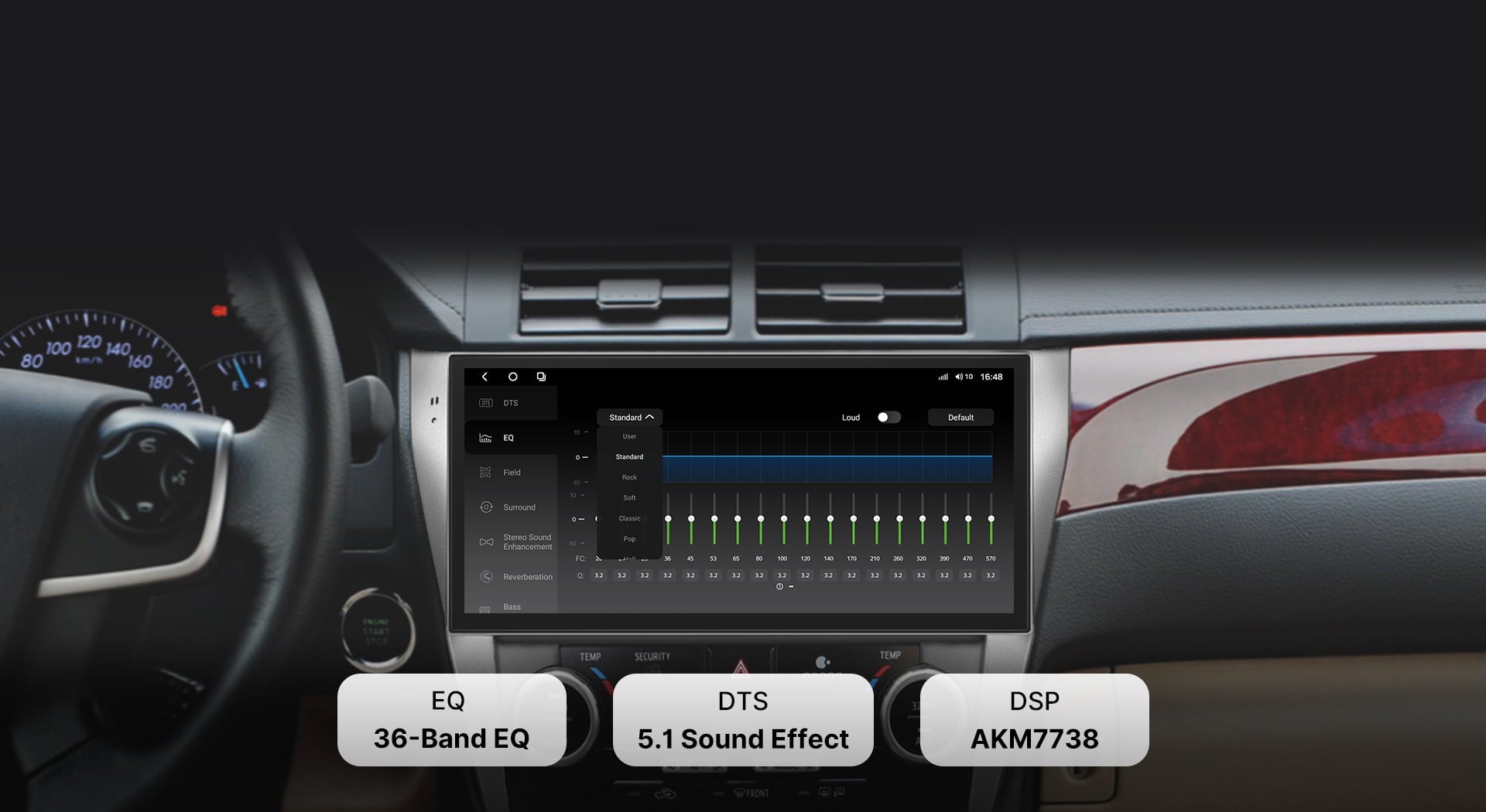 Close-up of the DTS Sound Processor tuning interface on a Youducar car audio system. Shows a 36-band professional equalizer (EQ) with adjustable sliders, powered by the TDA7851 digital amplifier chip and AKM7738 DSP for concert-hall quality audio, featuring DTS 5.1 surround sound technology.