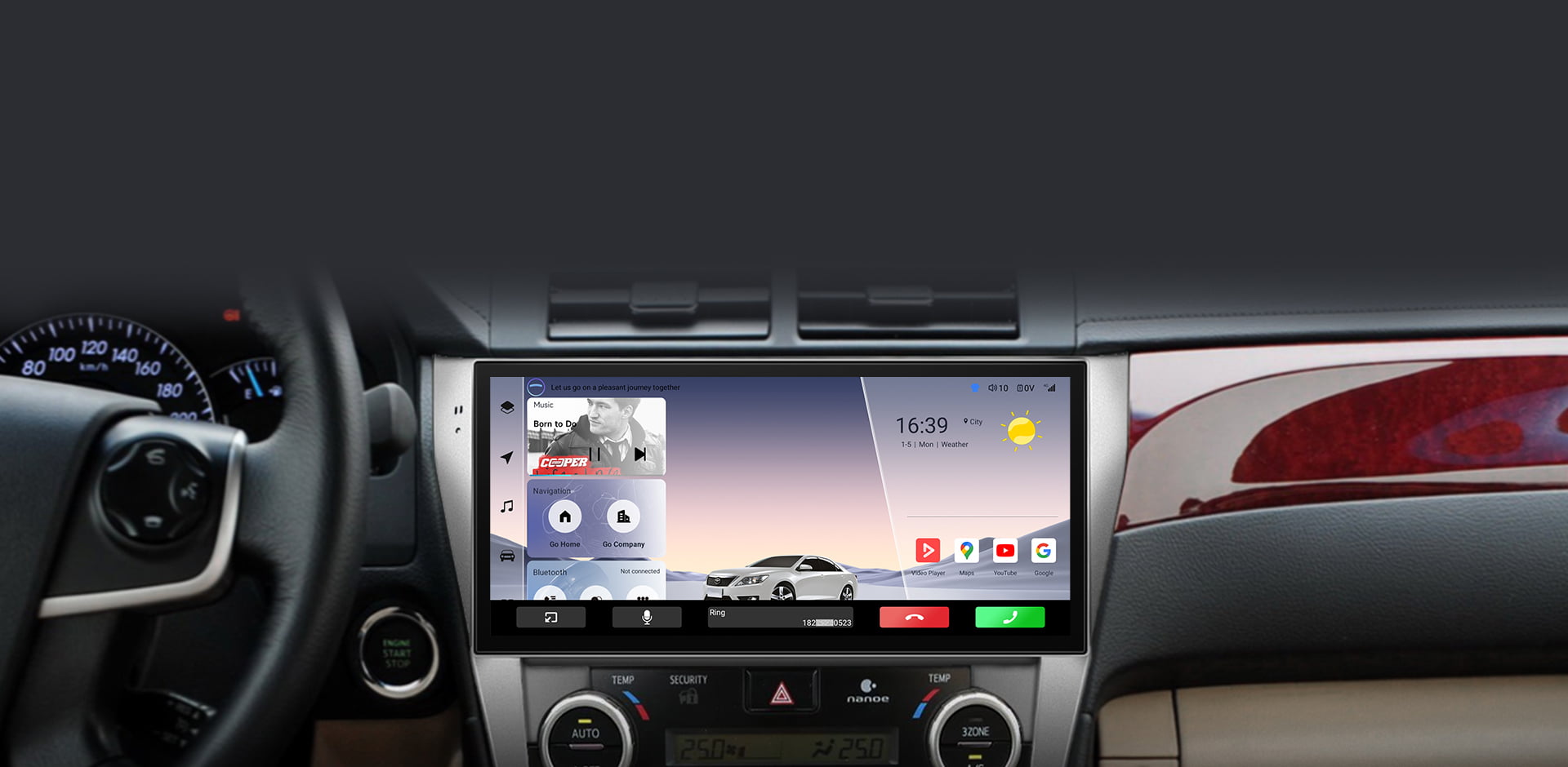 The main interface of a car head unit during use, showing time (09:42), weather, and media information for driver convenience.