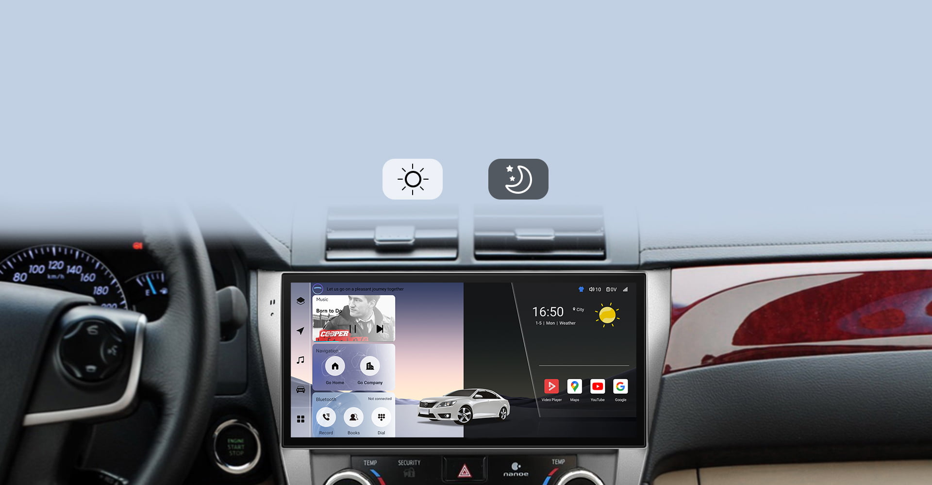 Infographic for the Real-Time GPS Navigation feature, showcasing compatibility with popular international navigation apps like Waze, Google Maps, and iGO on a Toyota Sienna head unit. Highlights multi-GNSS satellite support for precise, hands-free navigation.