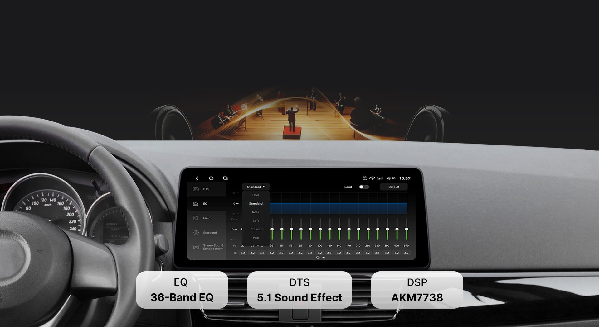 Close-up of the DTS Sound Processor tuning interface on a Youducar car audio system. Shows a 36-band professional equalizer (EQ) with adjustable sliders, powered by the TDA7851 digital amplifier chip and AKM7738 DSP for concert-hall quality audio, featuring DTS 5.1 surround sound technology.