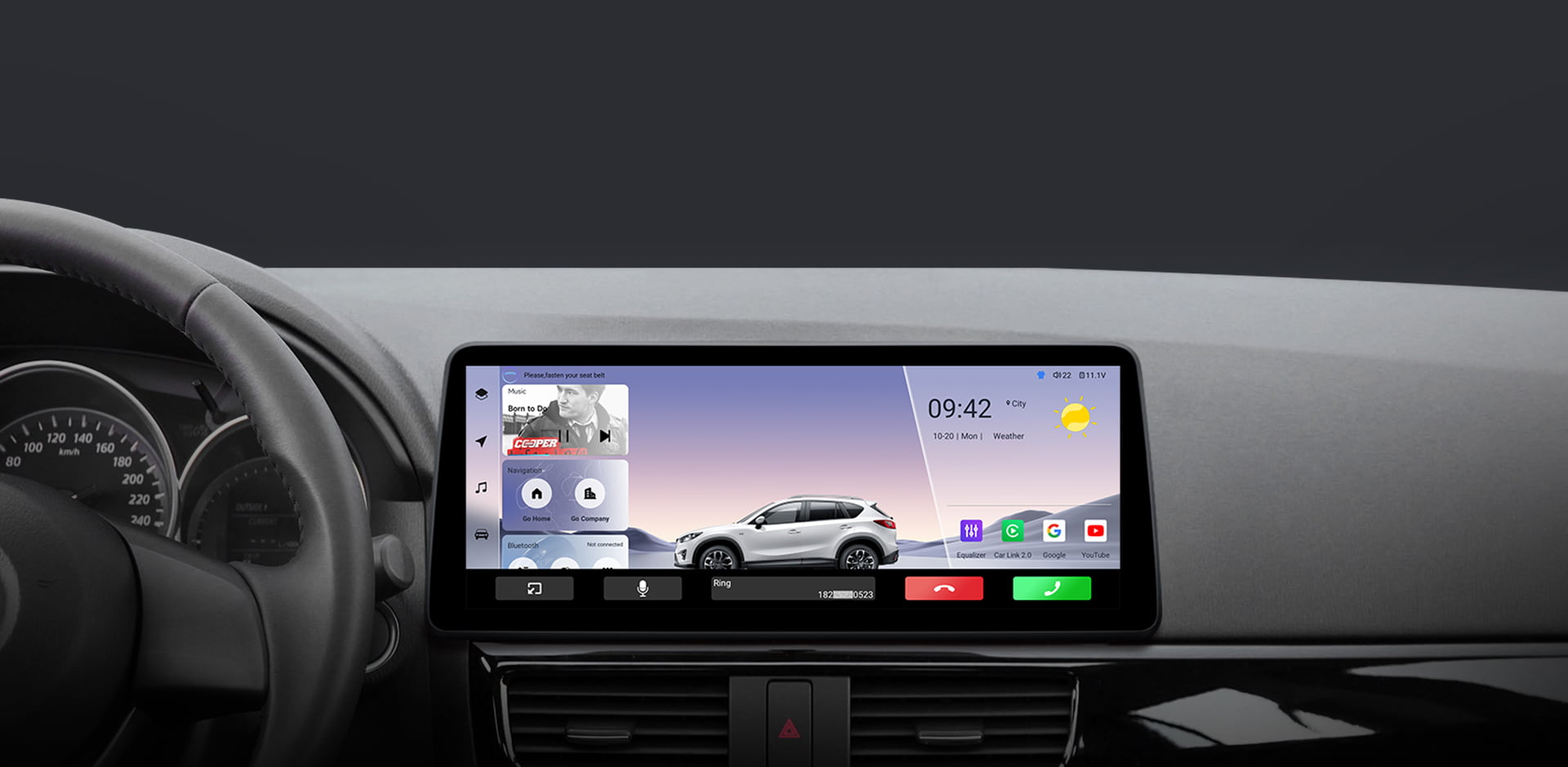 The main interface of a car head unit during use, showing time (09:42), weather, and media information for driver convenience.