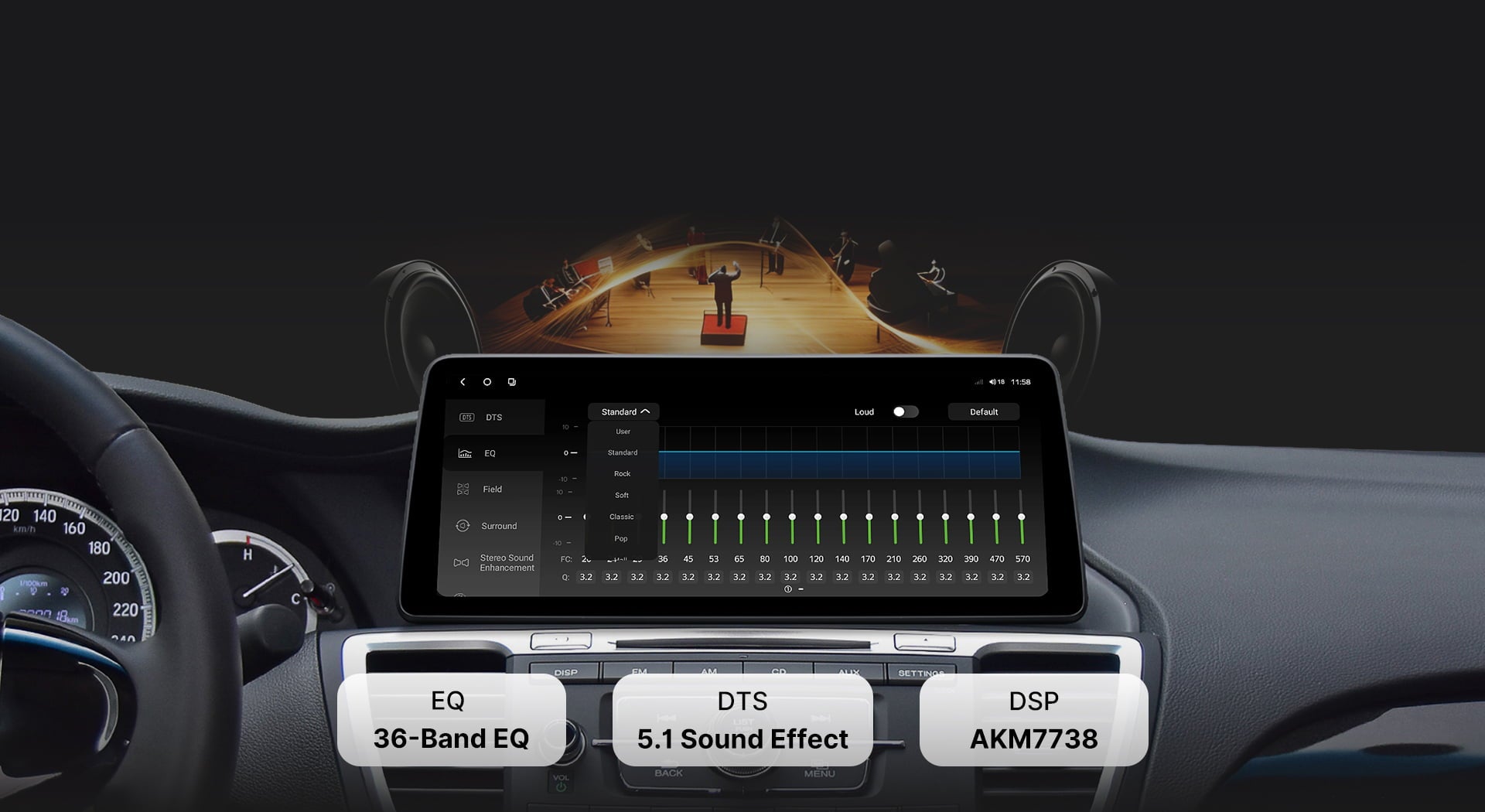 Close-up of the DTS Sound Processor tuning interface on a Youducar car audio system. Shows a 36-band professional equalizer (EQ) with adjustable sliders, powered by the TDA7851 digital amplifier chip and AKM7738 DSP for concert-hall quality audio, featuring DTS 5.1 surround sound technology.