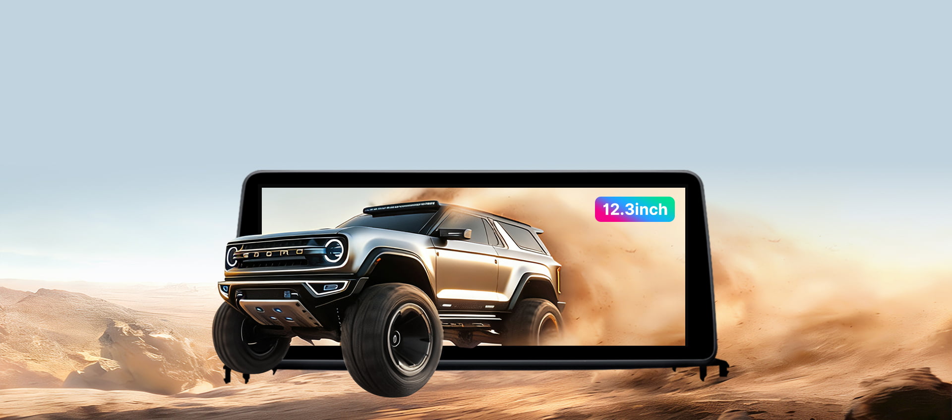 Promotional image for the 15-inch 2K High-Definition touchscreen in the Youducar head unit for Jeep Wrangler. The screen displays a dynamic scene of a Ford Bronco kicking up dust on sand dunes, demonstrating the display's vivid color and clarity. The visual emphasizes the screen's optical bonding technology for exceptional readability in bright, off-road environments.