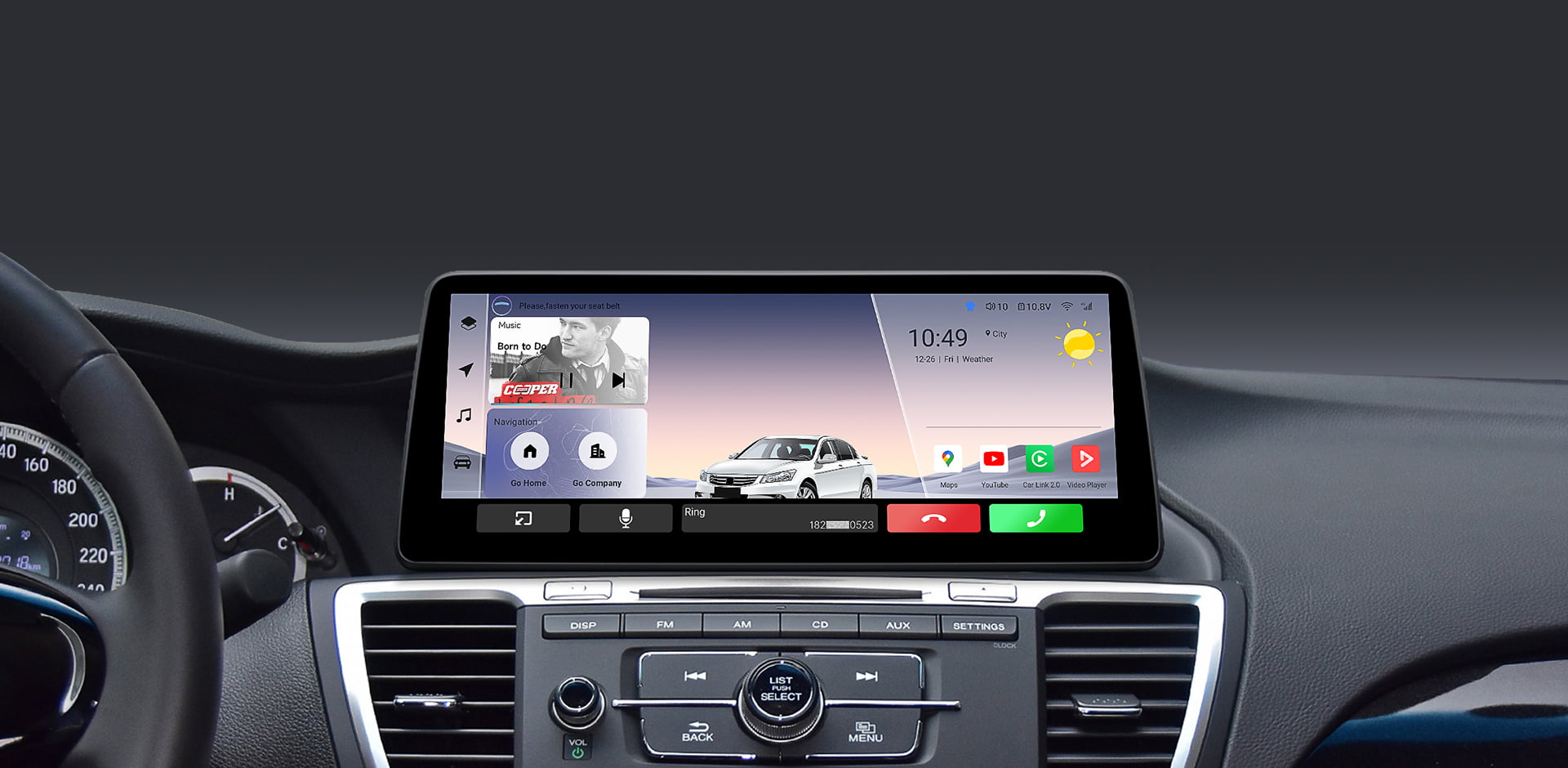 The main interface of a car head unit during use, showing time (09:42), weather, and media information for driver convenience.