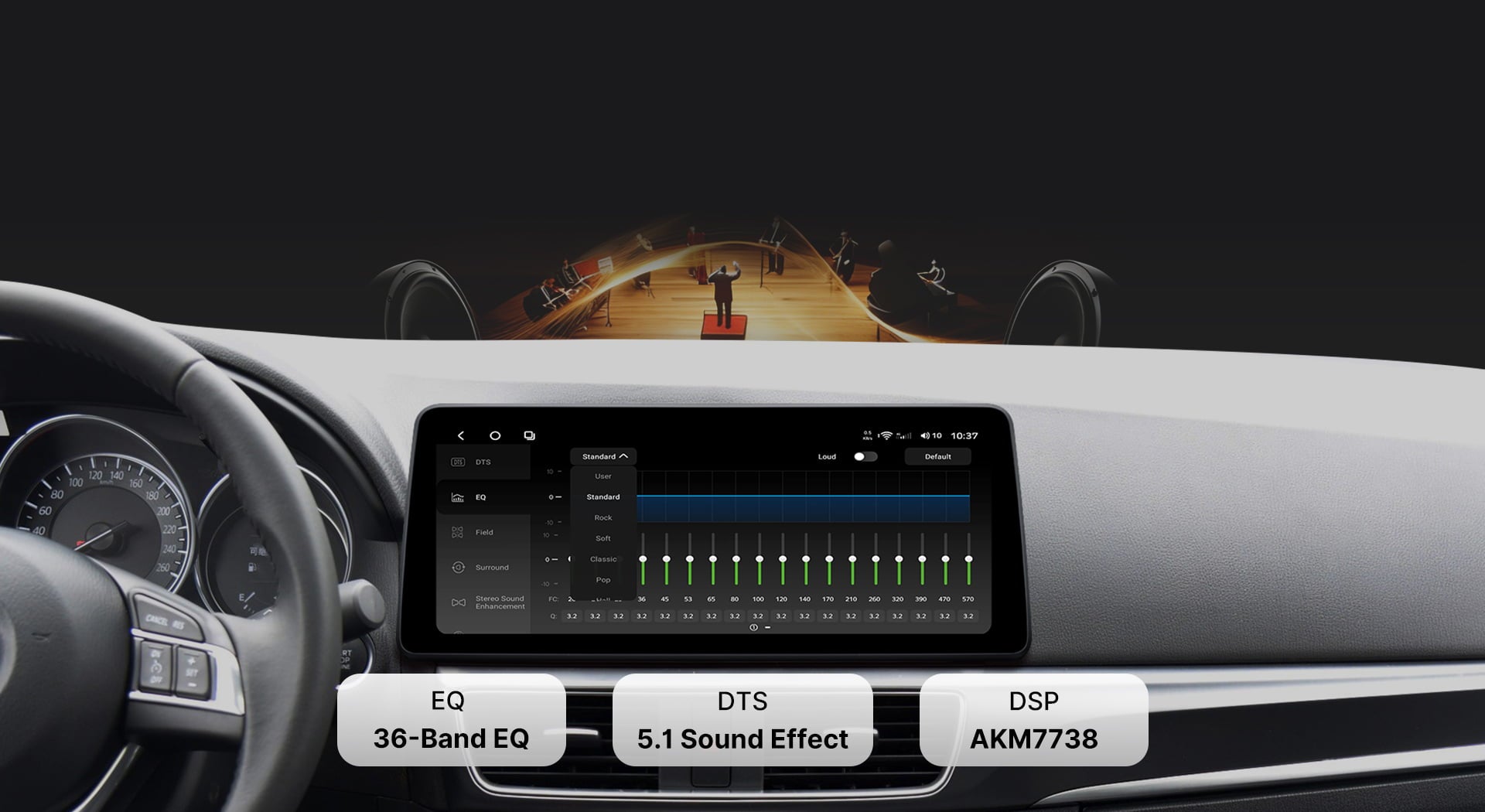Close-up of the DTS Sound Processor tuning interface on a Youducar car audio system. Shows a 36-band professional equalizer (EQ) with adjustable sliders, powered by the TDA7851 digital amplifier chip and AKM7738 DSP for concert-hall quality audio, featuring DTS 5.1 surround sound technology.
