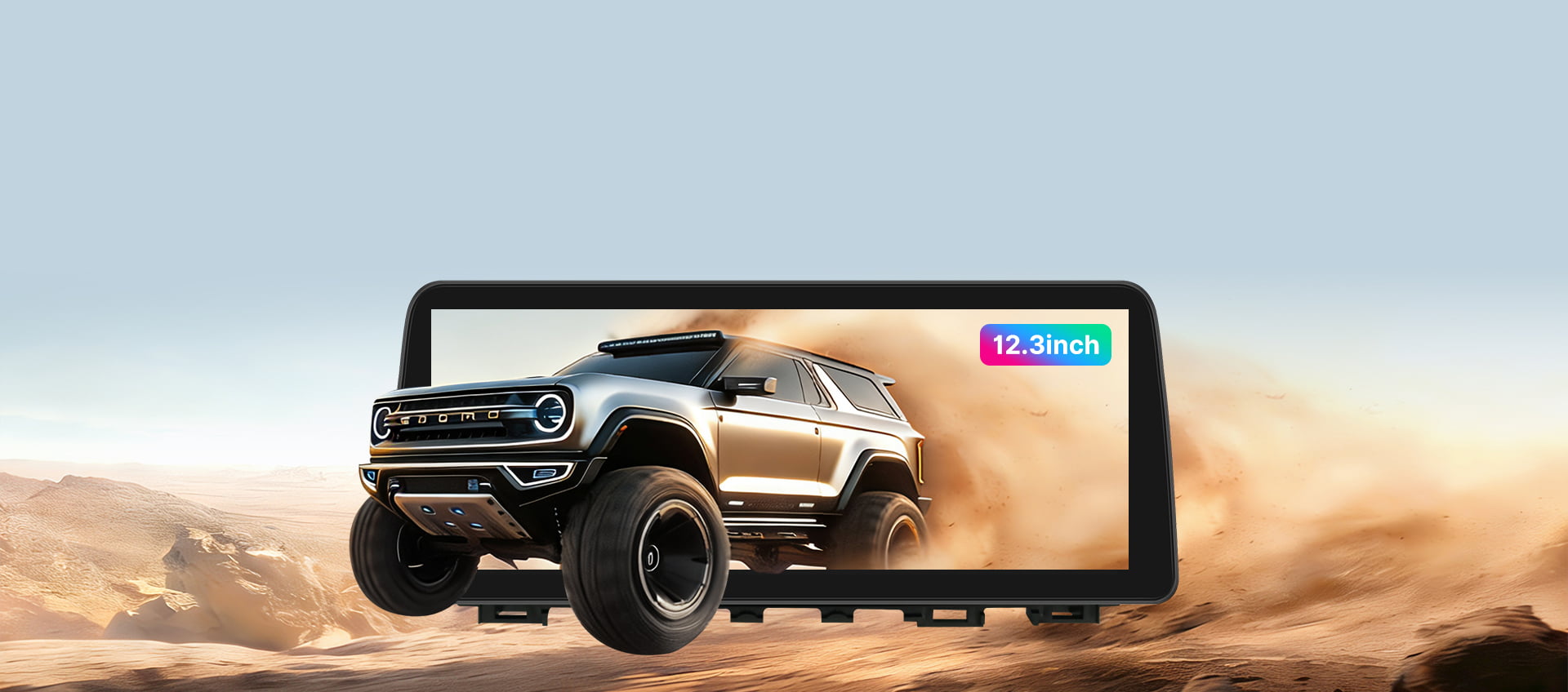 Promotional image for the 15-inch 2K High-Definition touchscreen in the Youducar head unit for Jeep Wrangler. The screen displays a dynamic scene of a Ford Bronco kicking up dust on sand dunes, demonstrating the display's vivid color and clarity. The visual emphasizes the screen's optical bonding technology for exceptional readability in bright, off-road environments.