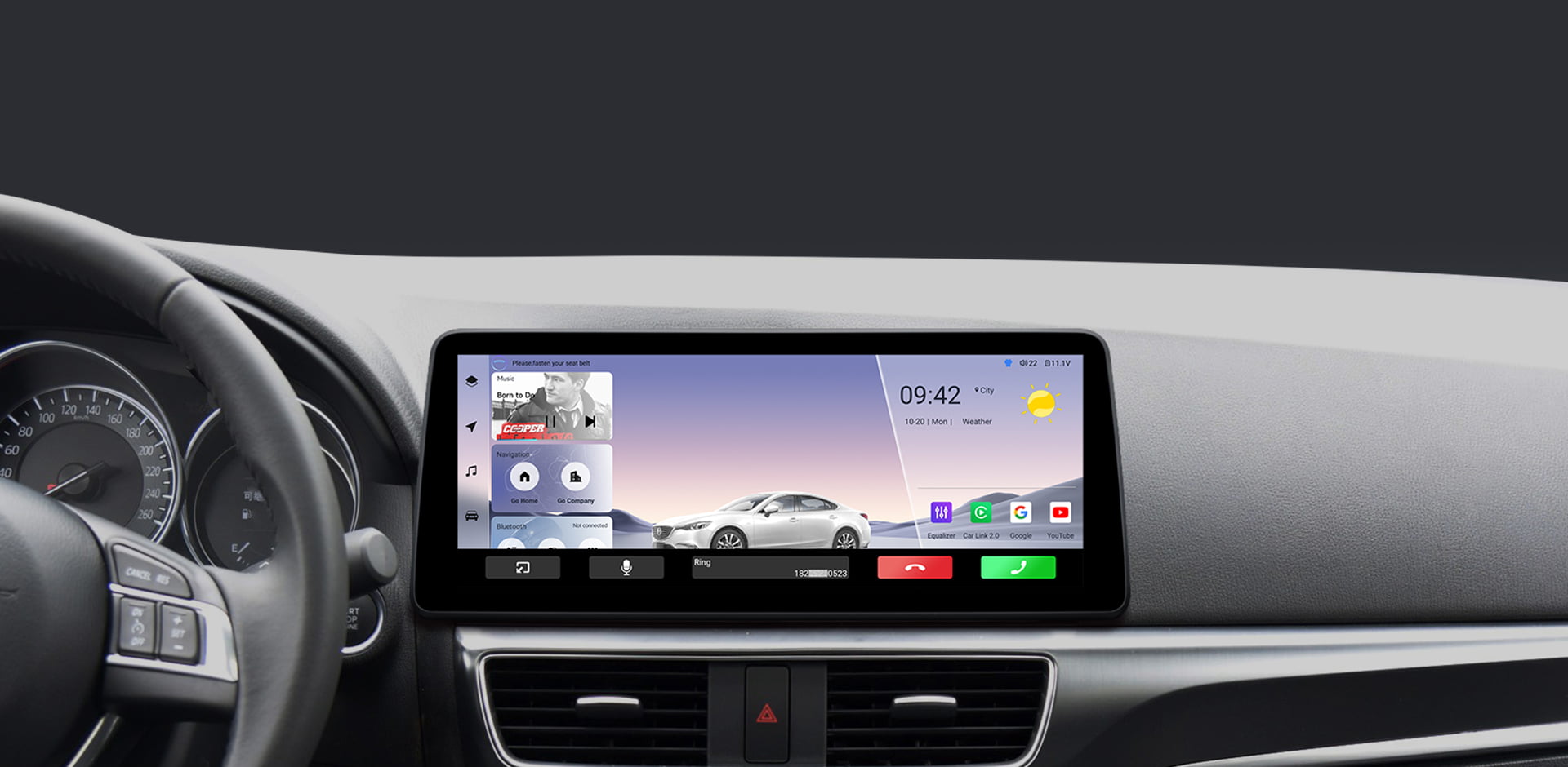 The main interface of a car head unit during use, showing time (09:42), weather, and media information for driver convenience.