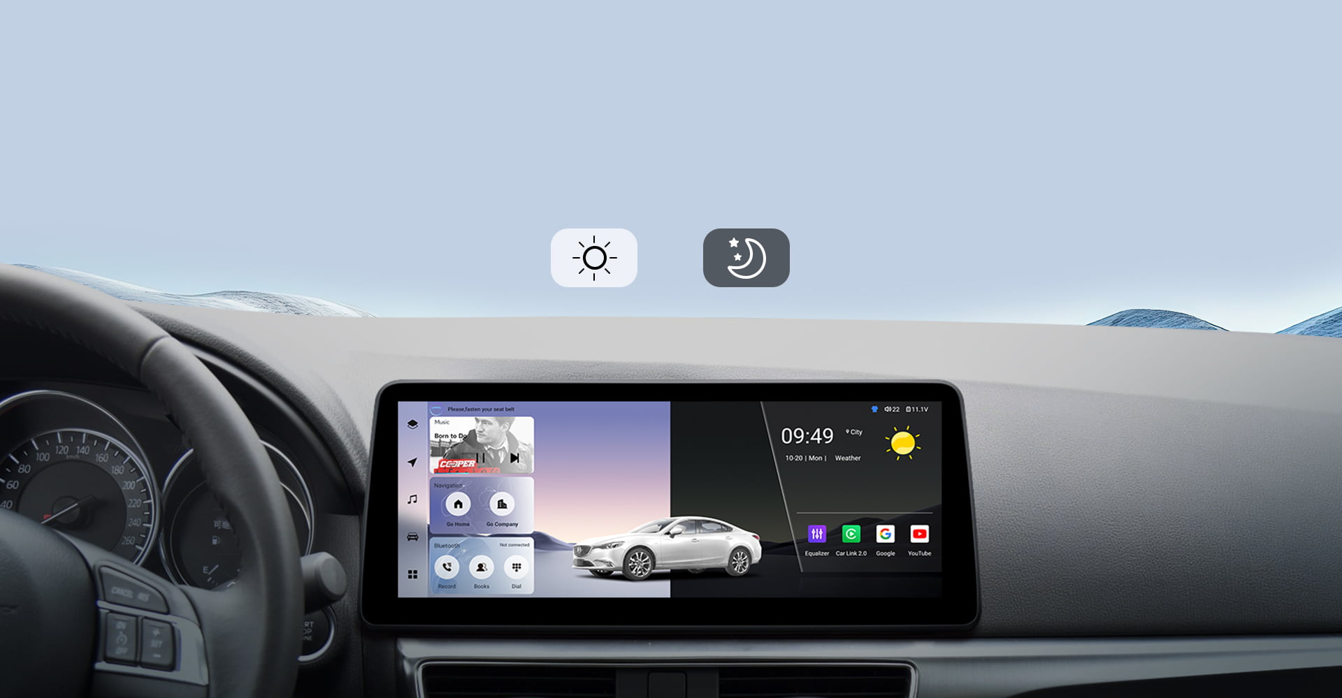Infographic for the Real-Time GPS Navigation feature, showcasing compatibility with popular international navigation apps like Waze, Google Maps, and iGO on a Toyota Sienna head unit. Highlights multi-GNSS satellite support for precise, hands-free navigation.