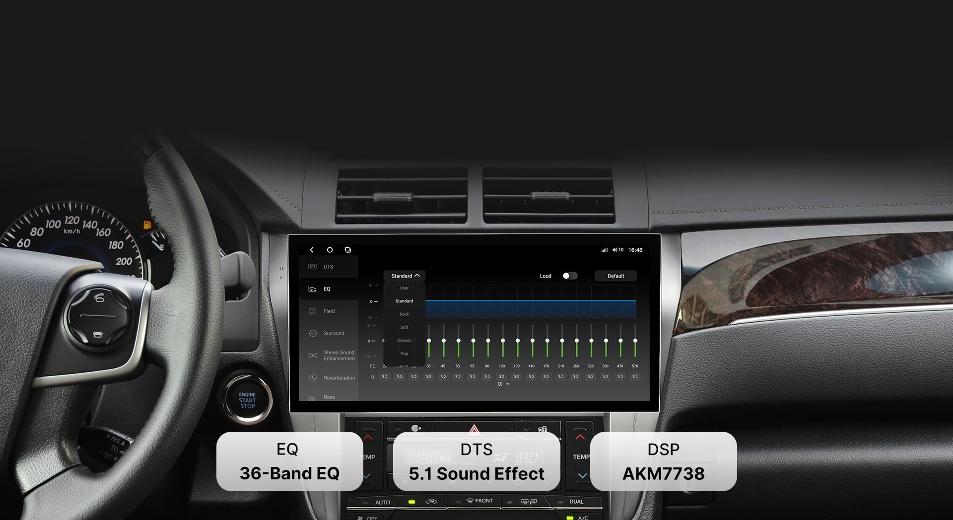 Close-up of the DTS Sound Processor tuning interface on a Youducar car audio system. Shows a 36-band professional equalizer (EQ) with adjustable sliders, powered by the TDA7851 digital amplifier chip and AKM7738 DSP for concert-hall quality audio, featuring DTS 5.1 surround sound technology.