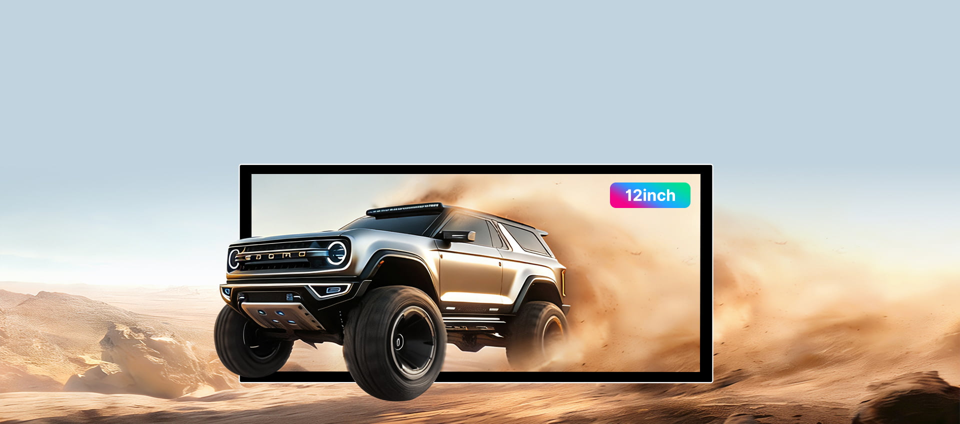 Promotional image for the 15-inch 2K High-Definition touchscreen in the Youducar head unit for Jeep Wrangler. The screen displays a dynamic scene of a Ford Bronco kicking up dust on sand dunes, demonstrating the display's vivid color and clarity. The visual emphasizes the screen's optical bonding technology for exceptional readability in bright, off-road environments.