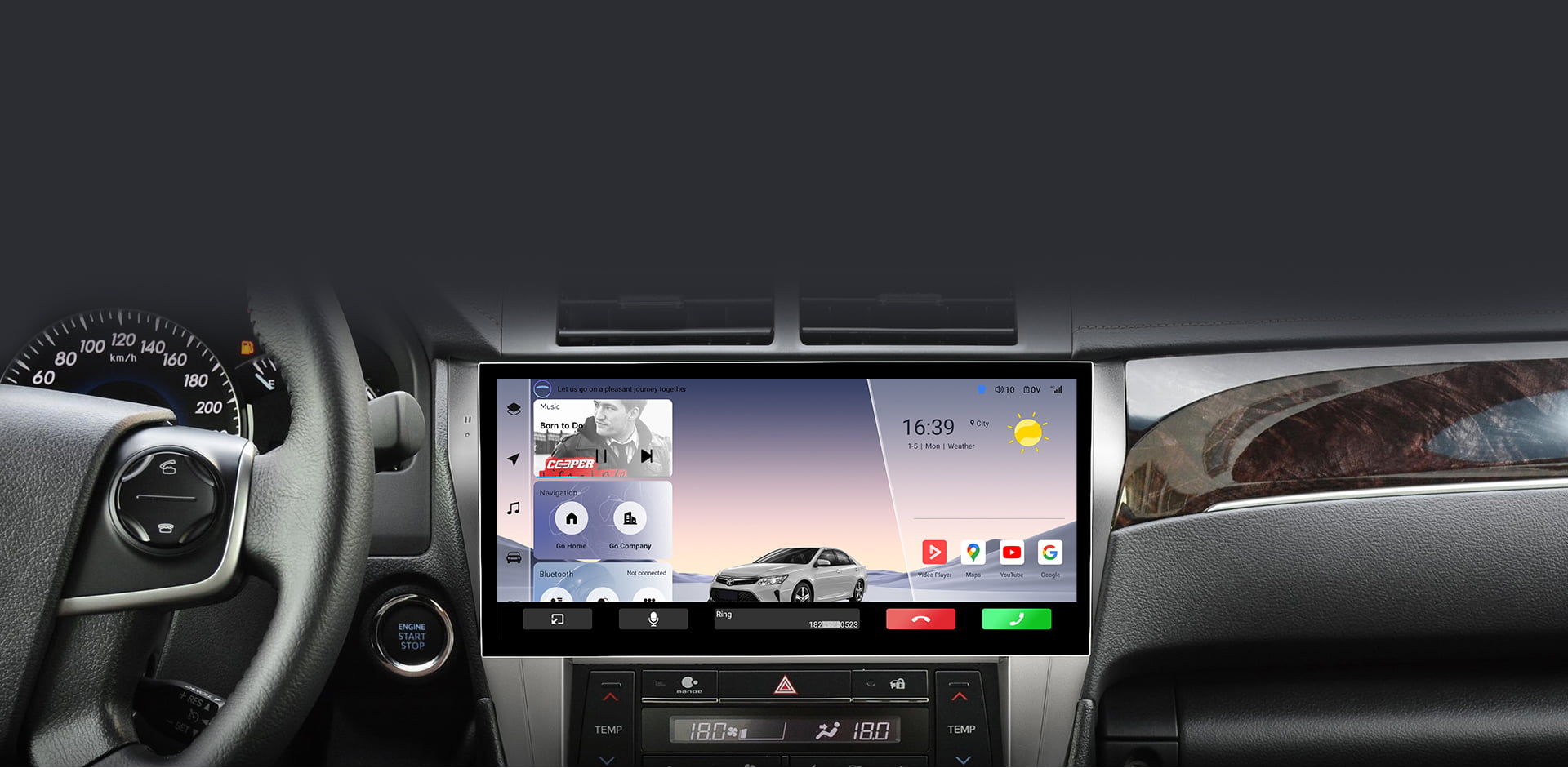 The main interface of a car head unit during use, showing time (09:42), weather, and media information for driver convenience.