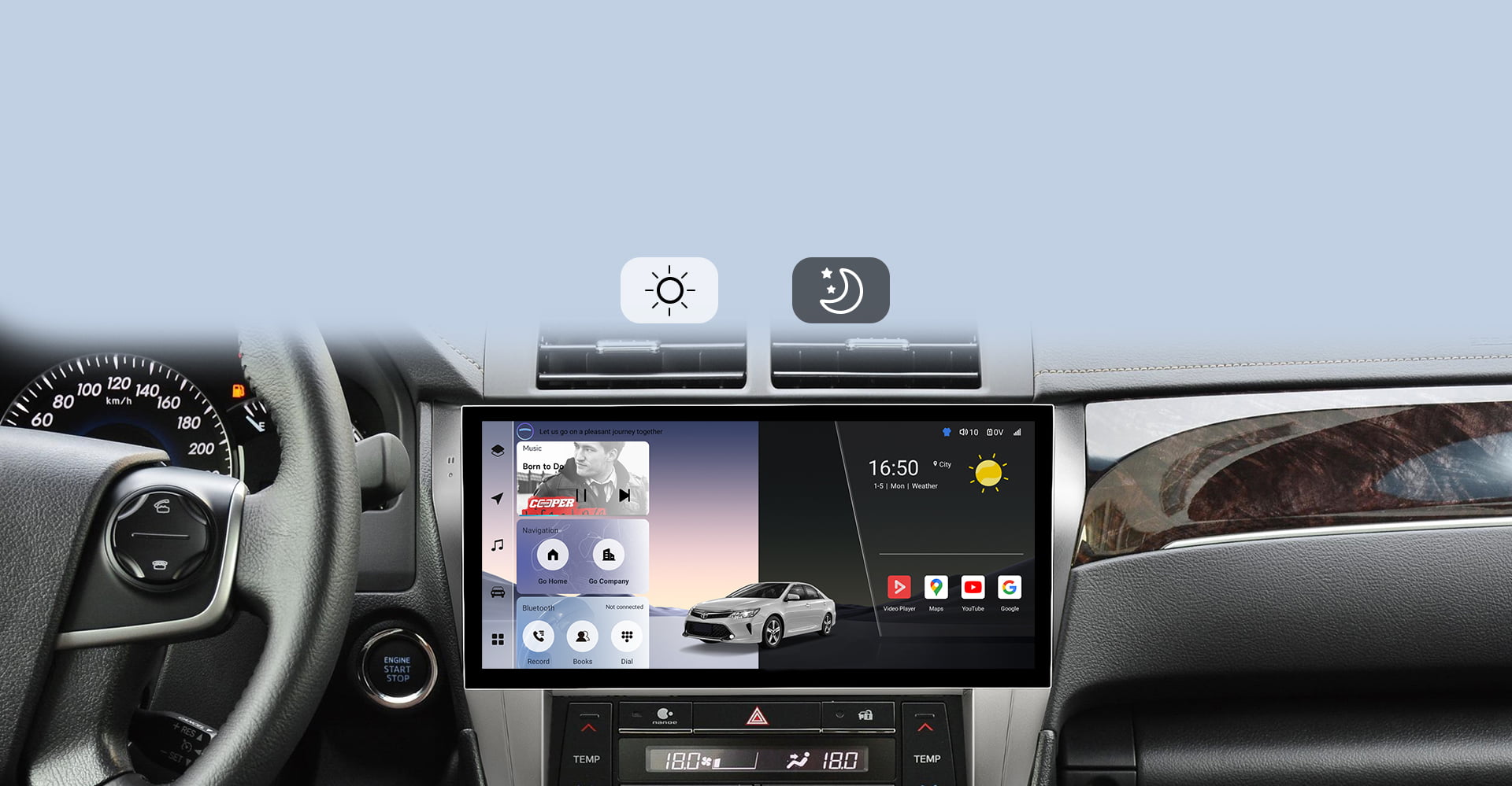 Infographic for the Real-Time GPS Navigation feature, showcasing compatibility with popular international navigation apps like Waze, Google Maps, and iGO on a Toyota Sienna head unit. Highlights multi-GNSS satellite support for precise, hands-free navigation.