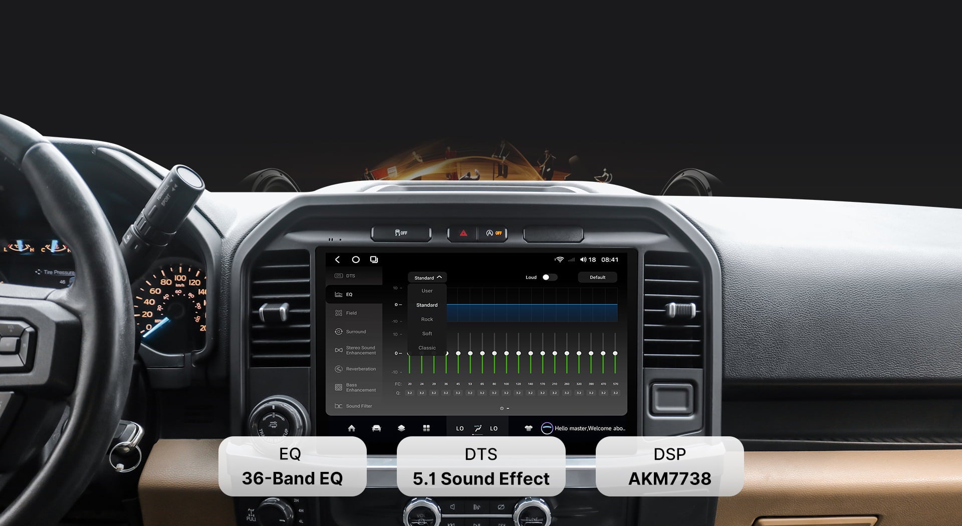 Close-up of the DTS Sound Processor tuning interface on a Youducar car audio system. Shows a 36-band professional equalizer (EQ) with adjustable sliders, powered by the TDA7851 digital amplifier chip and AKM7738 DSP for concert-hall quality audio, featuring DTS 5.1 surround sound technology.