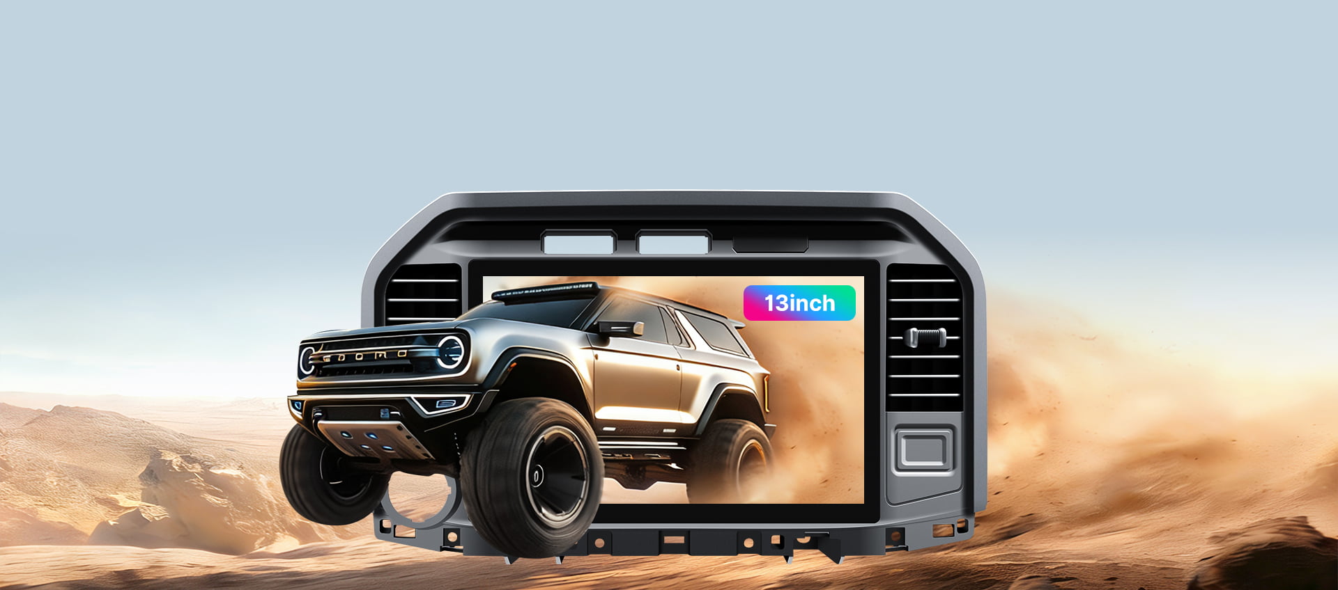 Promotional image for the 15-inch 2K High-Definition touchscreen in the Youducar head unit for Jeep Wrangler. The screen displays a dynamic scene of a Ford Bronco kicking up dust on sand dunes, demonstrating the display's vivid color and clarity. The visual emphasizes the screen's optical bonding technology for exceptional readability in bright, off-road environments.