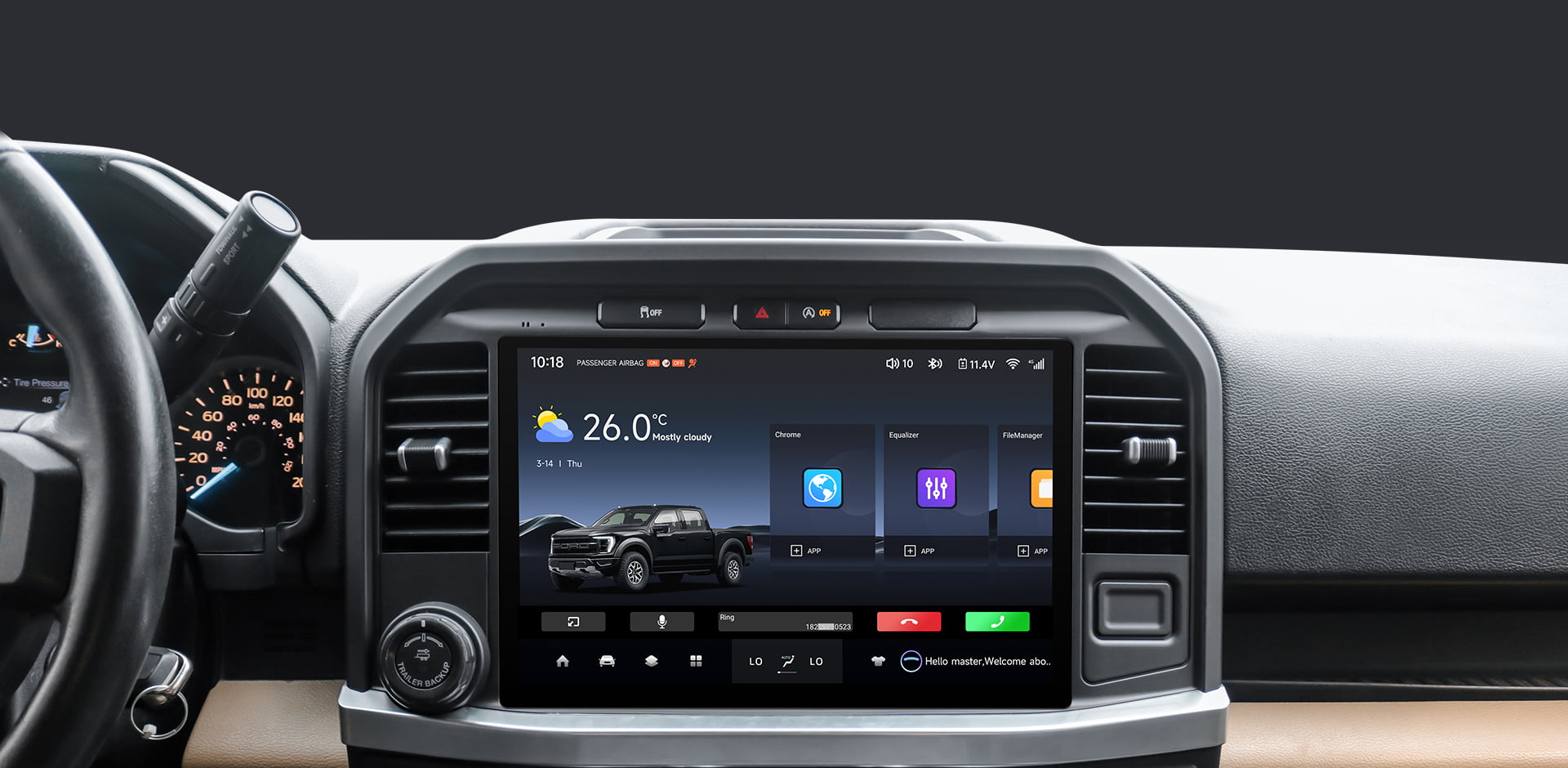 The main interface of a car head unit during use, showing time (09:42), weather, and media information for driver convenience.