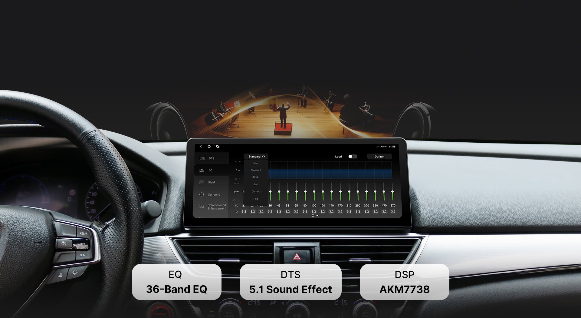 Close-up of the DTS Sound Processor tuning interface on a Youducar car audio system. Shows a 36-band professional equalizer (EQ) with adjustable sliders, powered by the TDA7851 digital amplifier chip and AKM7738 DSP for concert-hall quality audio, featuring DTS 5.1 surround sound technology.