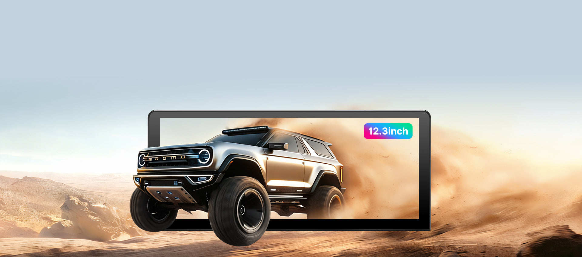 Promotional image for the 15-inch 2K High-Definition touchscreen in the Youducar head unit for Jeep Wrangler. The screen displays a dynamic scene of a Ford Bronco kicking up dust on sand dunes, demonstrating the display's vivid color and clarity. The visual emphasizes the screen's optical bonding technology for exceptional readability in bright, off-road environments.