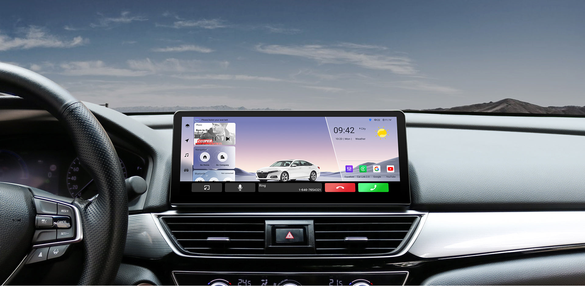 The main interface of a car head unit during use, showing time (09:42), weather, and media information for driver convenience.