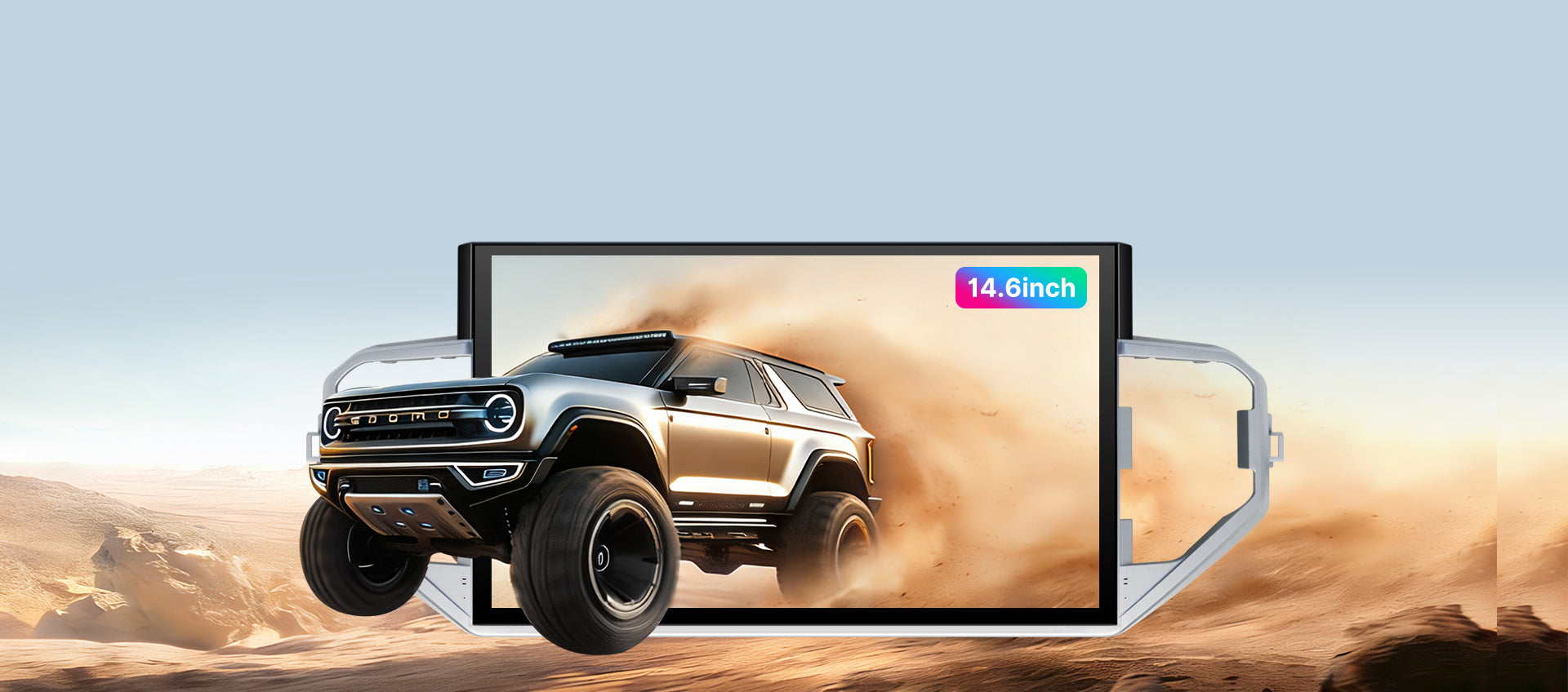 Promotional image for the 15-inch 2K High-Definition touchscreen in the Youducar head unit for Jeep Wrangler. The screen displays a dynamic scene of a Ford Bronco kicking up dust on sand dunes, demonstrating the display's vivid color and clarity. The visual emphasizes the screen's optical bonding technology for exceptional readability in bright, off-road environments.