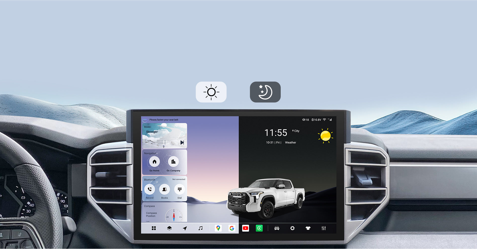 Infographic for the Real-Time GPS Navigation feature, showcasing compatibility with popular international navigation apps like Waze, Google Maps, and iGO on a Toyota Sienna head unit. Highlights multi-GNSS satellite support for precise, hands-free navigation.