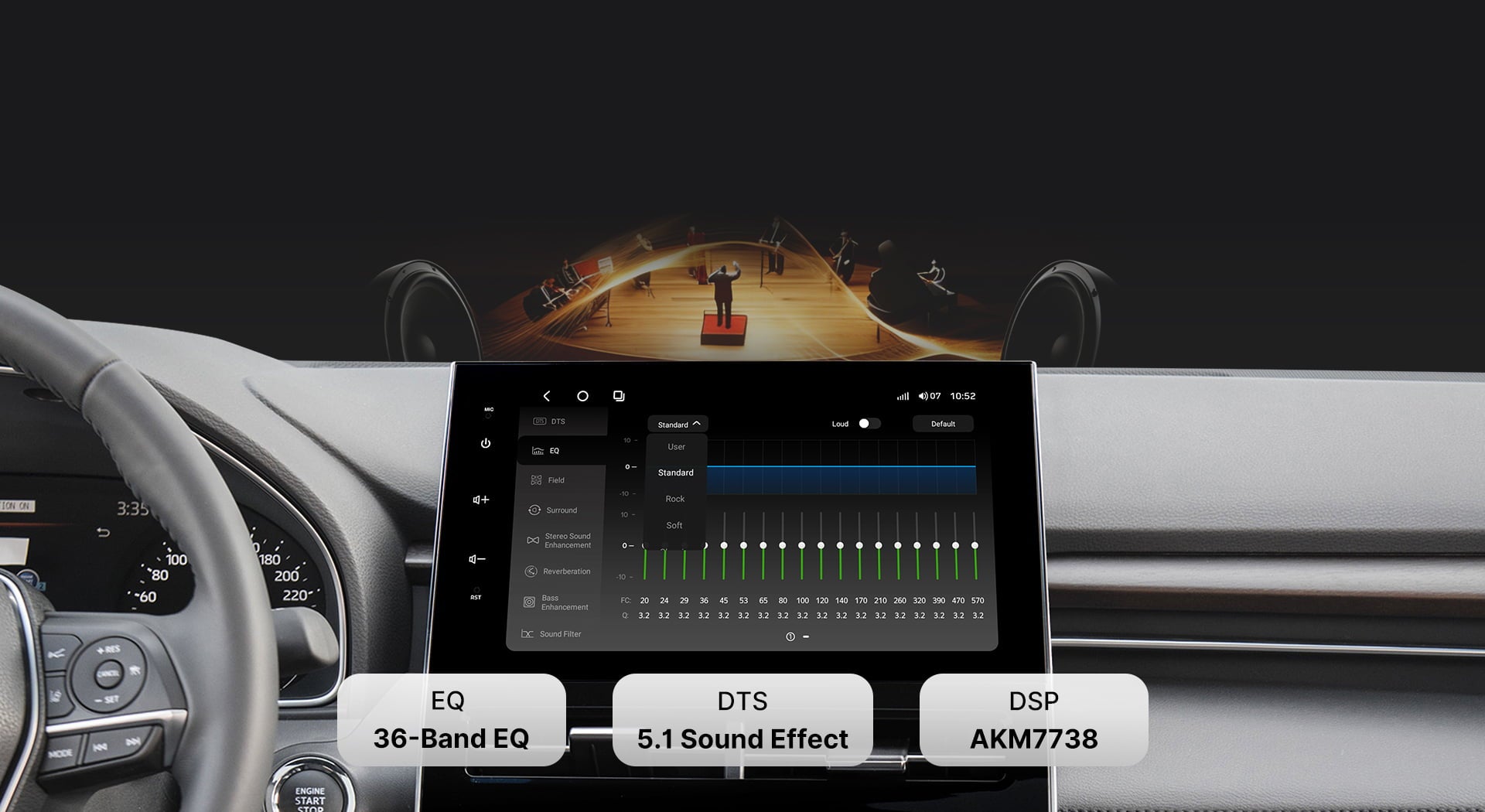 Close-up of the DTS Sound Processor tuning interface on a Youducar car audio system. Shows a 36-band professional equalizer (EQ) with adjustable sliders, powered by the TDA7851 digital amplifier chip and AKM7738 DSP for concert-hall quality audio, featuring DTS 5.1 surround sound technology.