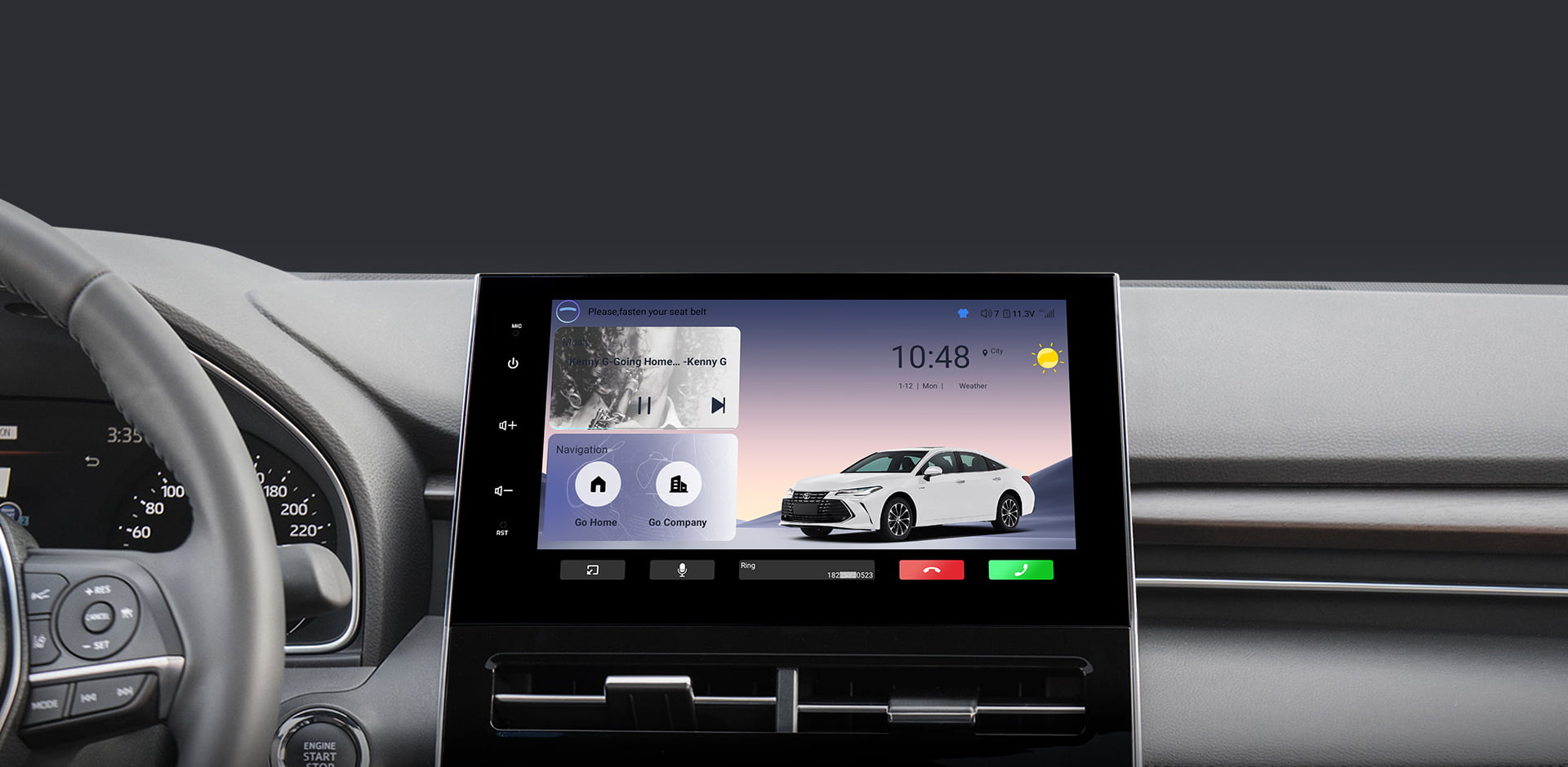 The main interface of a car head unit during use, showing time (09:42), weather, and media information for driver convenience.