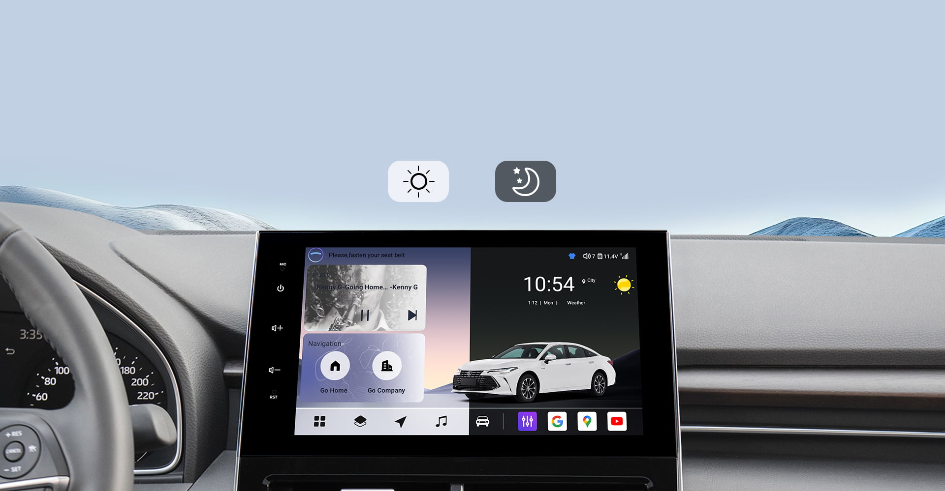 Infographic for the Real-Time GPS Navigation feature, showcasing compatibility with popular international navigation apps like Waze, Google Maps, and iGO on a Toyota Sienna head unit. Highlights multi-GNSS satellite support for precise, hands-free navigation.