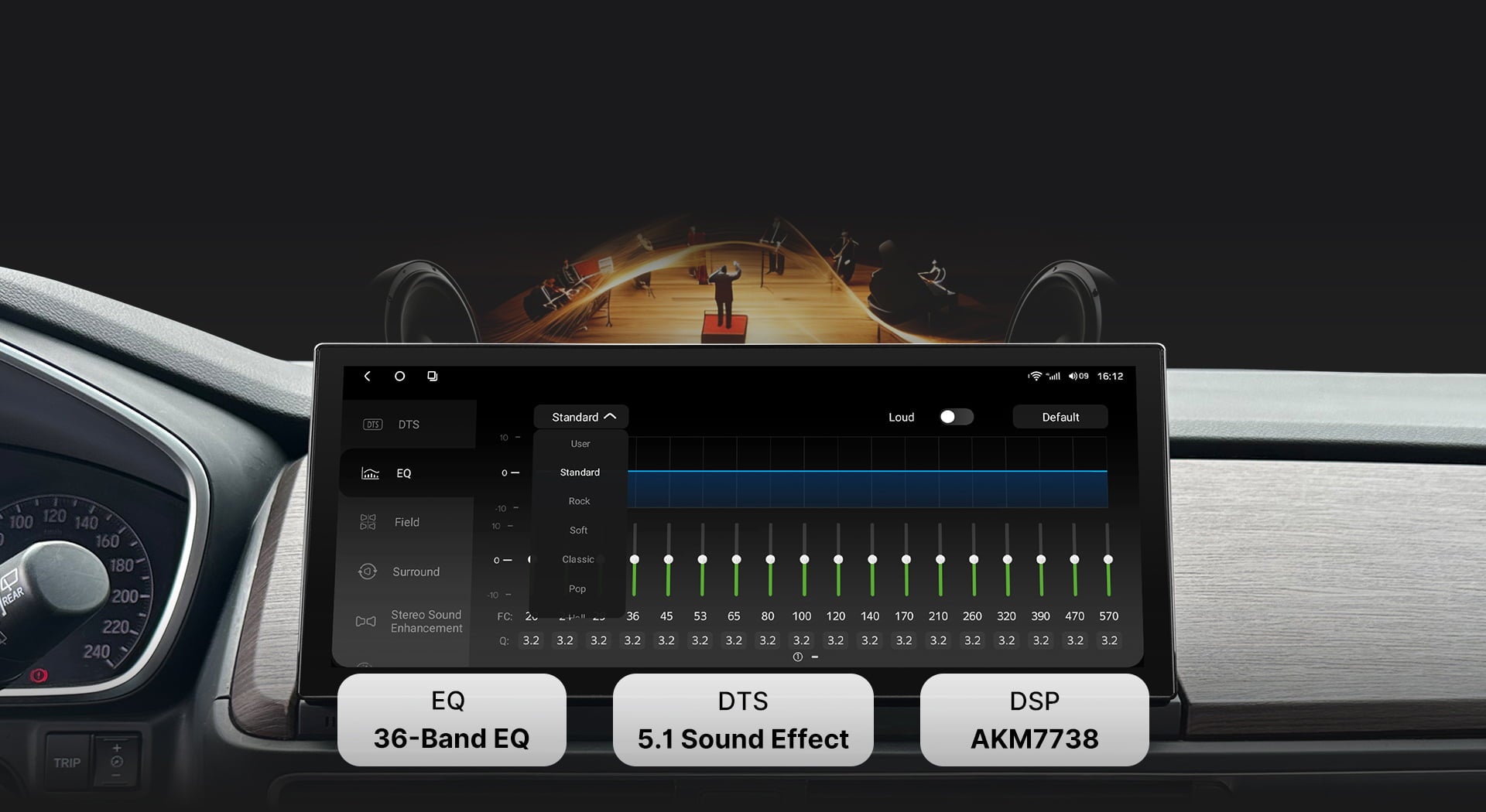 Close-up of the DTS Sound Processor tuning interface on a Youducar car audio system. Shows a 36-band professional equalizer (EQ) with adjustable sliders, powered by the TDA7851 digital amplifier chip and AKM7738 DSP for concert-hall quality audio, featuring DTS 5.1 surround sound technology.
