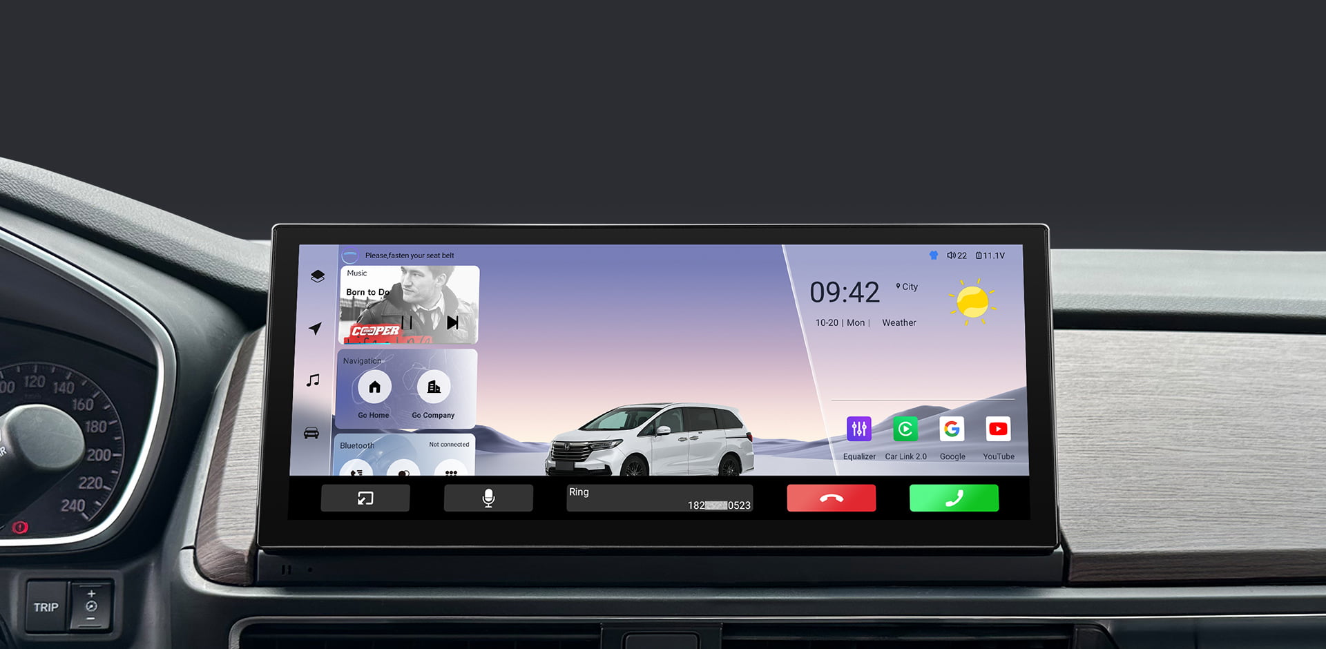 The main interface of a car head unit during use, showing time (09:42), weather, and media information for driver convenience.