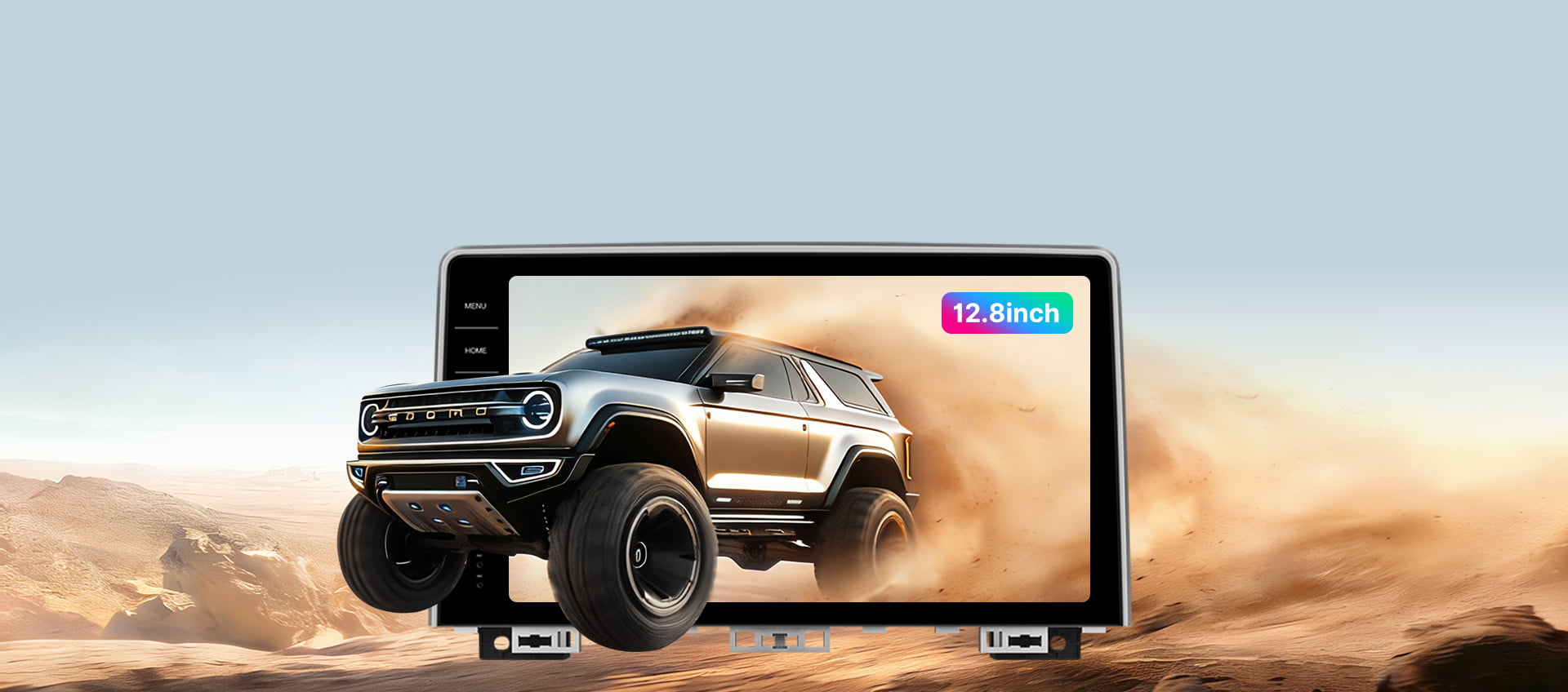 Promotional image for the 15-inch 2K High-Definition touchscreen in the Youducar head unit for Jeep Wrangler. The screen displays a dynamic scene of a Ford Bronco kicking up dust on sand dunes, demonstrating the display's vivid color and clarity. The visual emphasizes the screen's optical bonding technology for exceptional readability in bright, off-road environments.